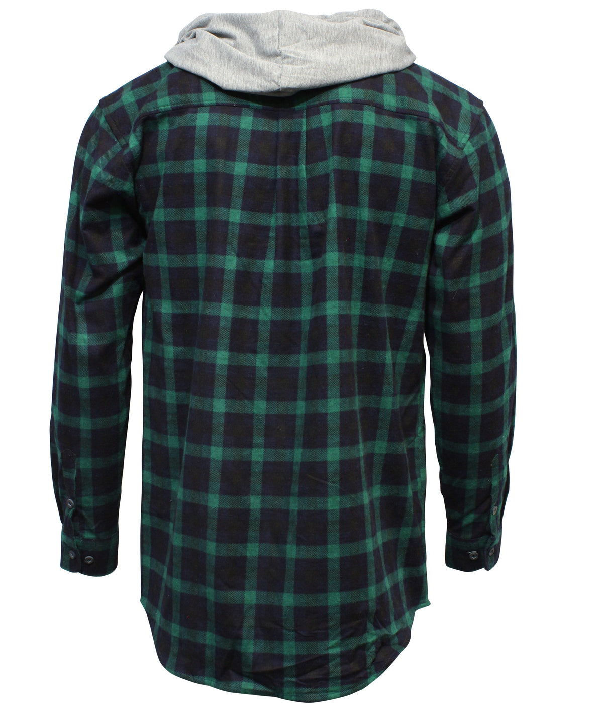 Back view of the Jack Smith Hooded Flannelette Shirt in green and navy plaid, made from a premium cotton-polyester blend with a gray hood, displayed on a white background.