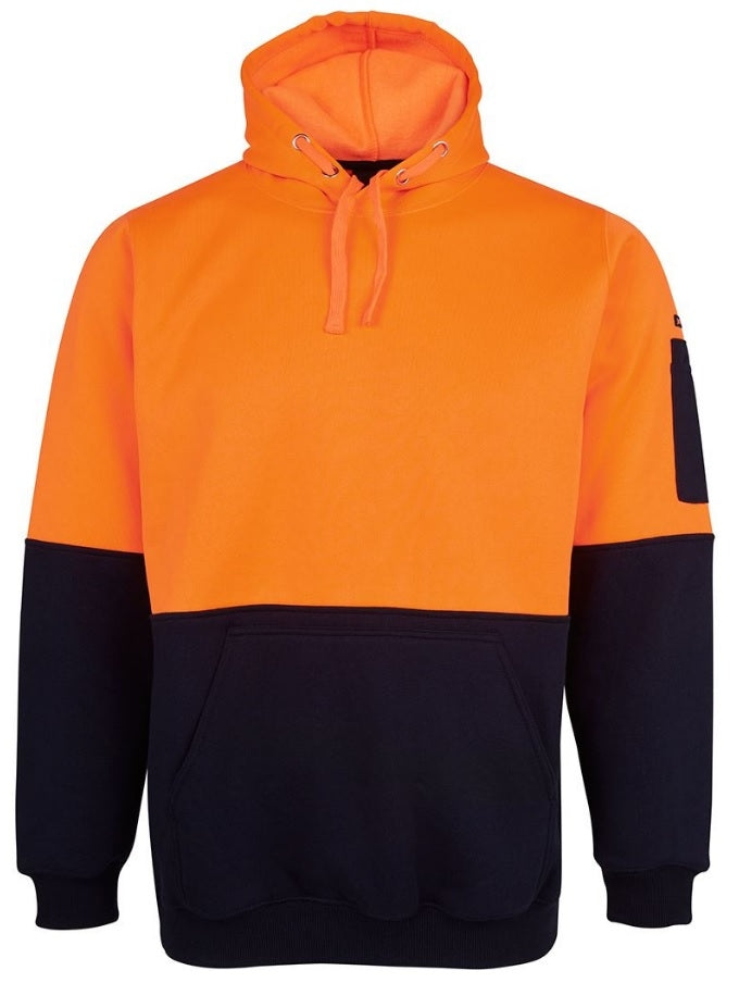 Introducing the JBs Hi Vis Pull Over Hoodie: a vibrant drawstring hoodie that features a bright orange top half with a front pocket and hood, complemented by a dark navy blue bottom half and sleeves. The hoodie also includes a small pocket on the upper left sleeve, along with ribbed cuffs and hem, making it perfect for casual wear or stylish workwear.