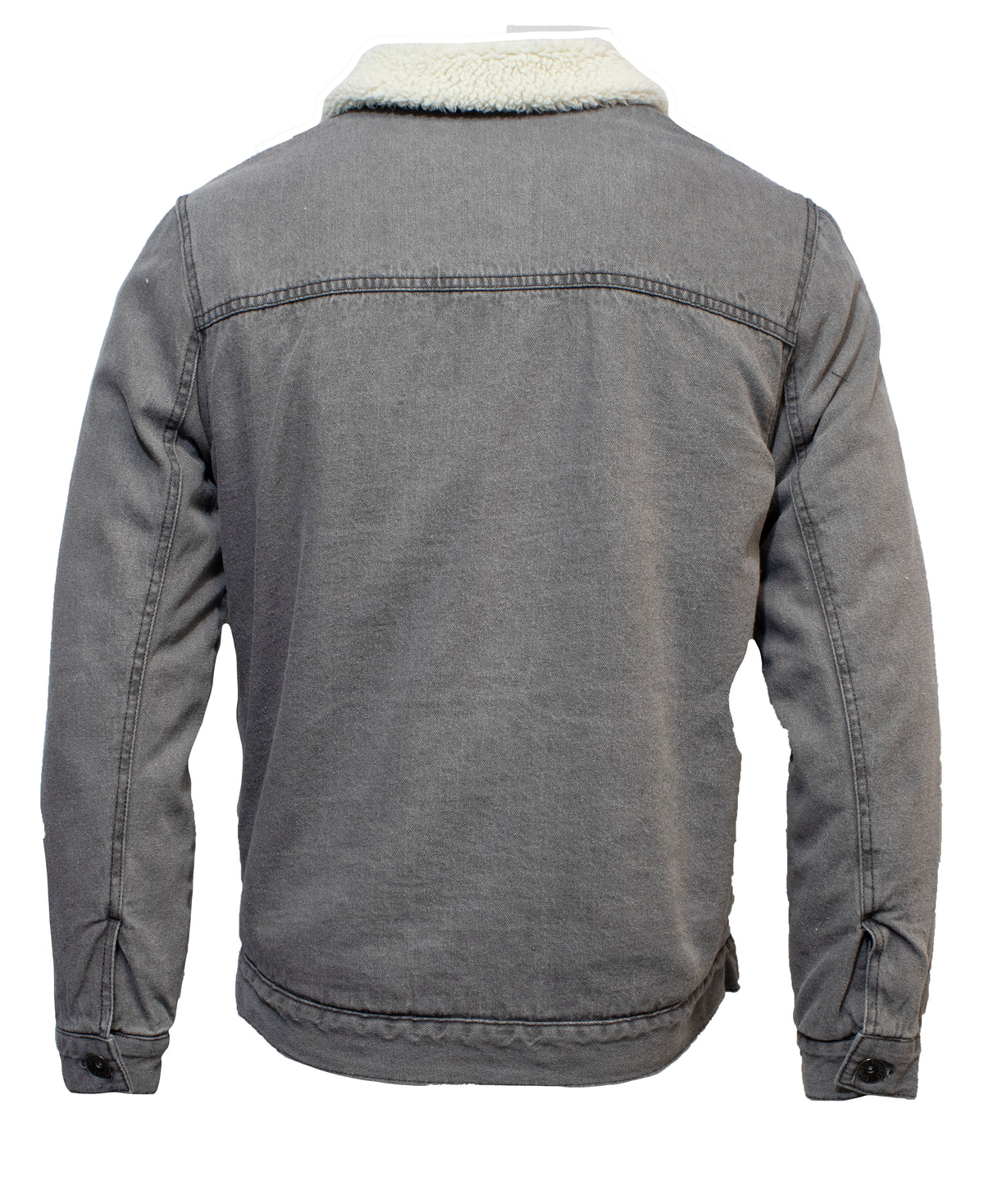 The King Gee Urban Denim Jacket, in gray denim with a white sherpa lining collar, is showcased from the back. It includes stitching details, buttons on the cuffs, and an adjustable waistband.