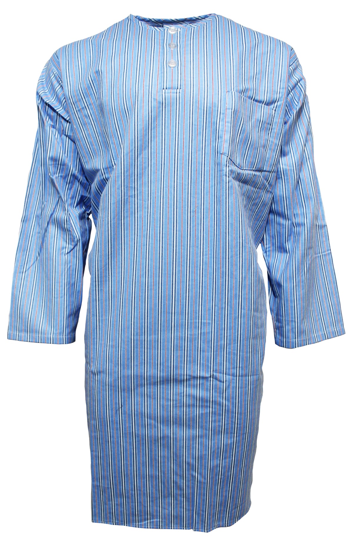 Introducing the Koala Cosy Suede Flannelette Winter Niteshirt – a luxurious blue, long-sleeved, knee-length tunic featuring vertical stripes in shades of white, red, and green. Crafted from 100% cotton, this piece boasts a round neck with a short three-button placket and a convenient pocket on the left chest. Perfect for casual wear or as an exceptionally comfortable niteshirt.