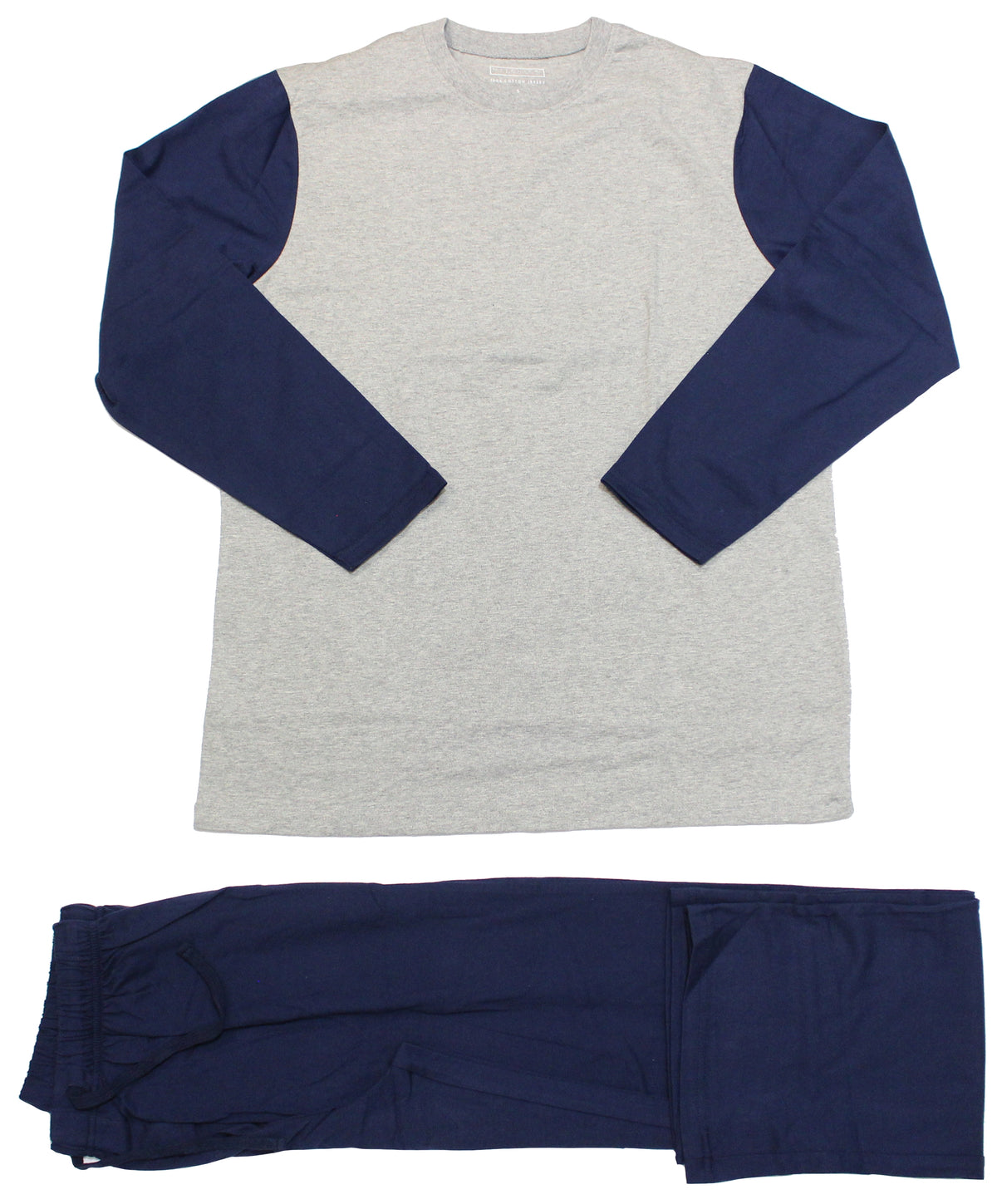The Koala Nitelife Knit PJ Long Leg Set is a winter pyjama set featuring a light gray long-sleeved top with dark blue sleeves and dark blue pants. Made from 100% cotton, the clothing is displayed laid flat against a plain white background.