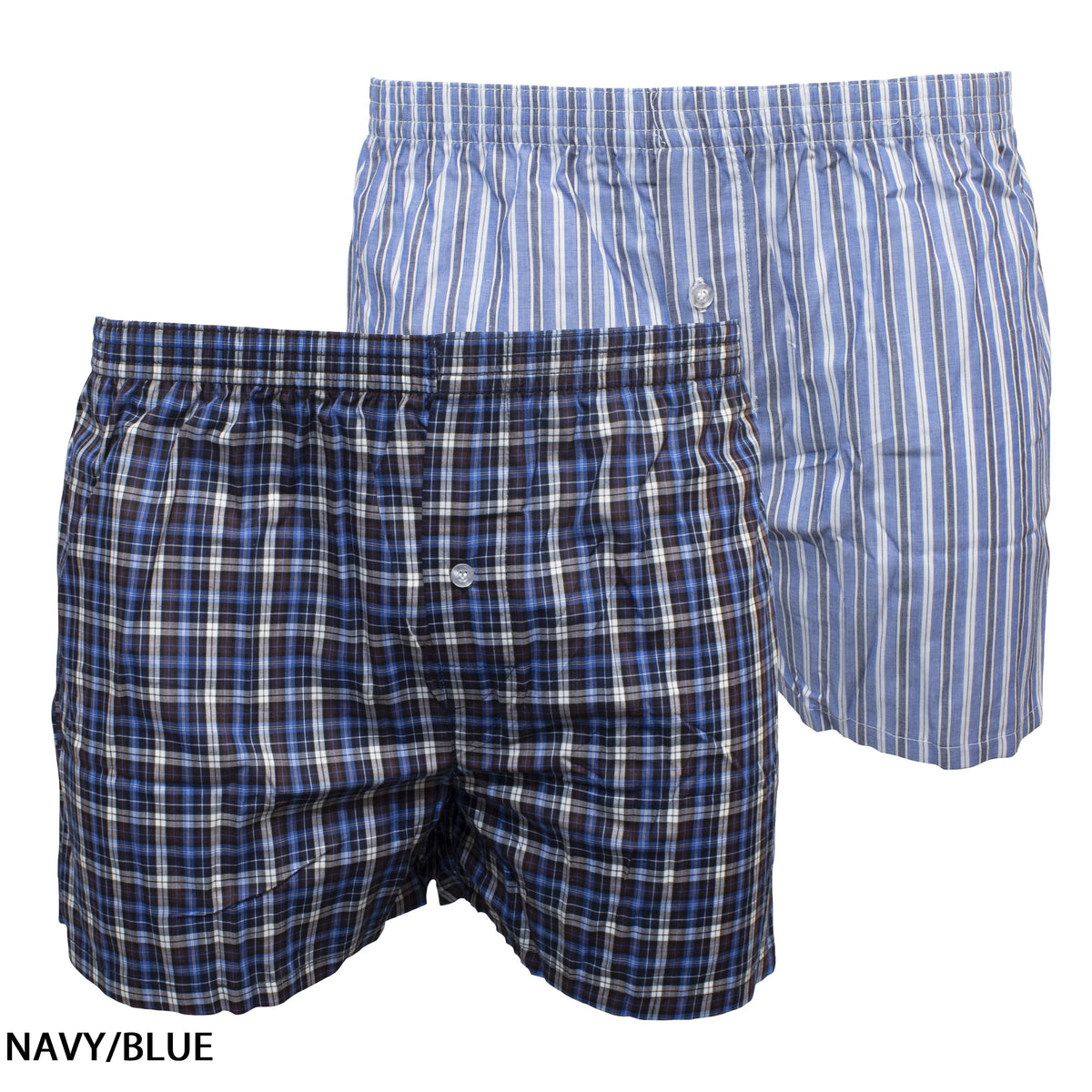 A pair of men's Koala Nitelife Elastic Waist Boxershorts 2 Pack. The pair in the foreground features a navy, white, and light blue plaid pattern with white buttons and an elastic waist for comfort. The pair in the background showcases vertical blue and white stripes with white buttons. The text "NAVY/BLUE" is displayed in the bottom left corner.