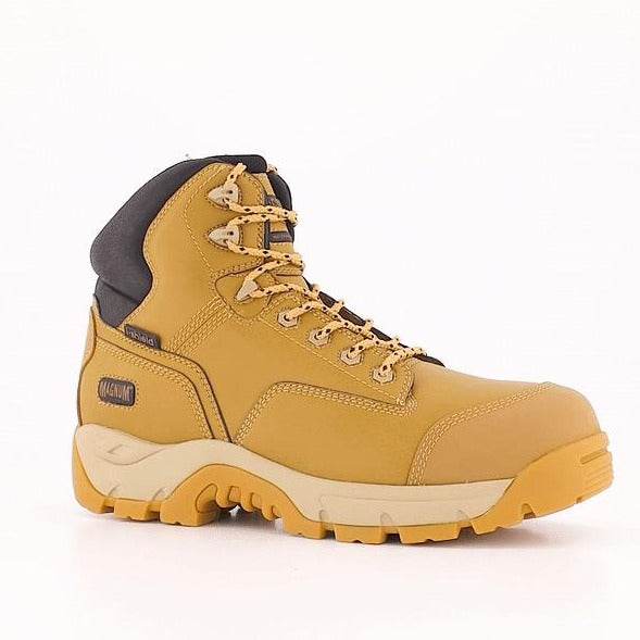 The Magnum Precision Max Zip Sided Waterproof Safety Boot MPN150 is showcased as a single tan-colored hiking boot with black accents and a durable rubber sole against a white background. This waterproof boot boasts a high ankle design, lace-up closure, rugged traction for outdoor use, and a safety toe for added protection.