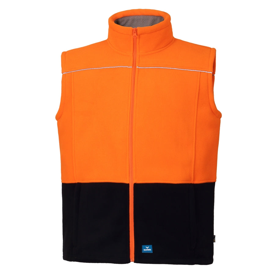 The Rainbird Maguire Vest is an orange and black fleece vest made of durable polyester. It features a high collar, front zipper, horizontal reflective strip on the upper section, subtle reflective piping on the black bottom, and is accented with a small blue logo tag at the bottom center.