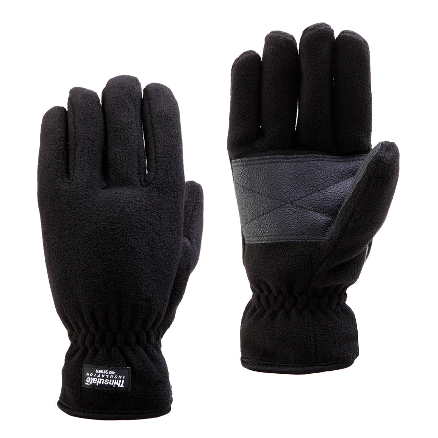 A pair of black Rainbird Summit Plus Gloves with Thinsulate insulation and grey quilted patches on the palms. These insulated winter gloves have elasticized cuffs for a snug fit and a soft, fleece-like exterior. One glove is shown palm up, the other palm down. Perfect for those seeking quality cold weather gear from Rainbird.