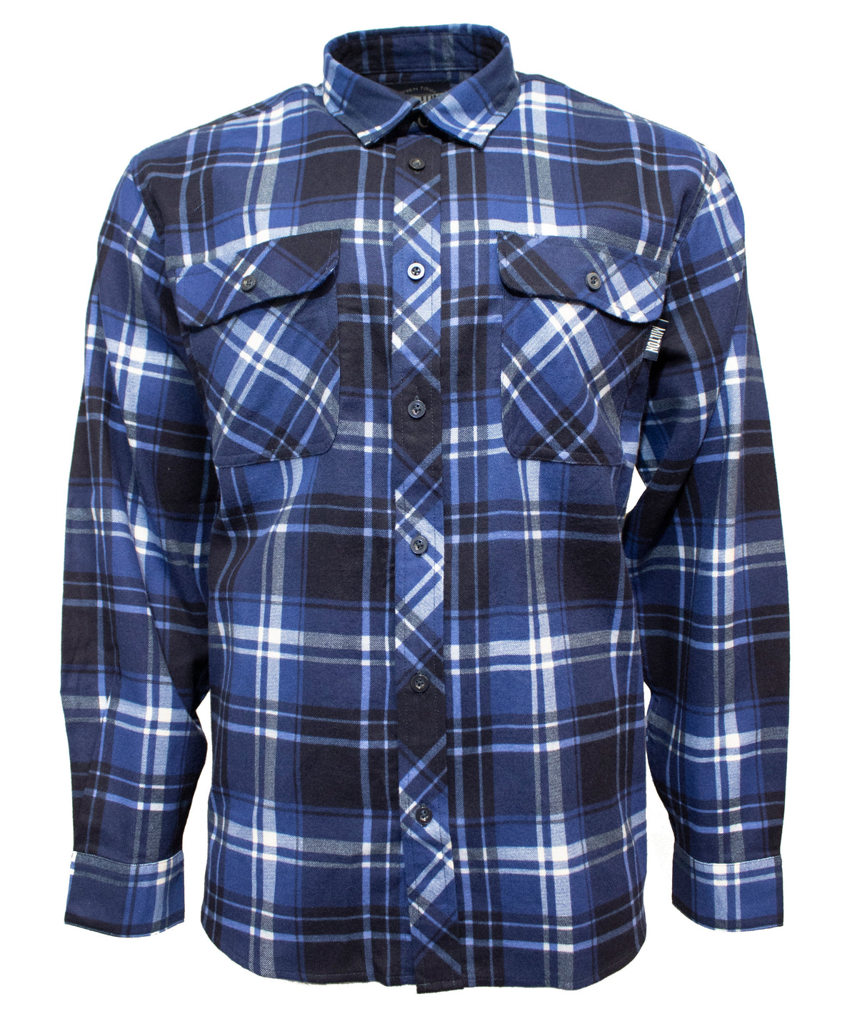 The Milton Open Front Flannelette Shirt is made from high quality cotton, features a blue, black, and white plaid pattern, long sleeves, and two chest pockets with button flaps.