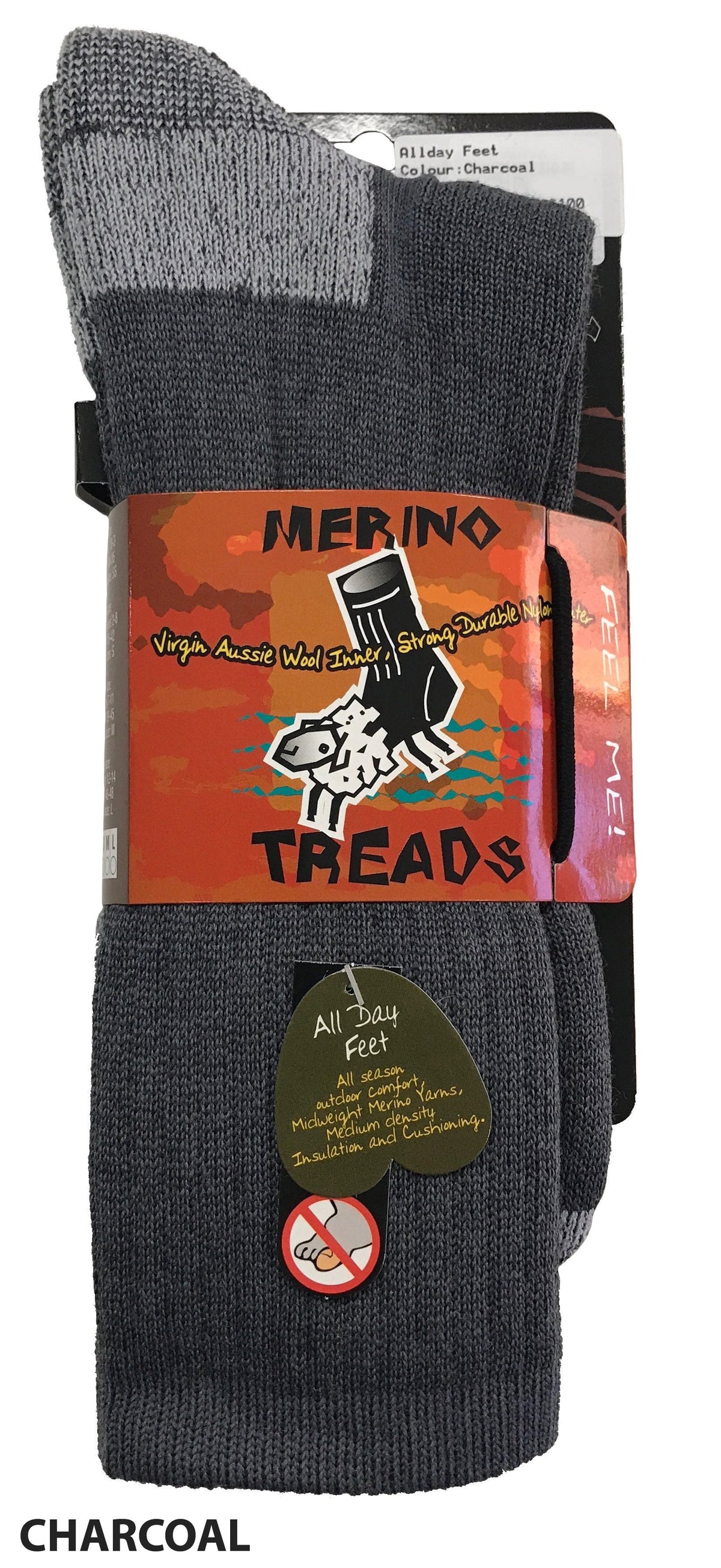 A pair of Merino Treads Allday Feet socks in their packaging. The label showcases a vibrant design with a sheep in the center and text promoting "Virgin Aussie Wool," "Strong; Durable; Insulating;" and "All Day Feet." These versatile winter work socks are labeled "Charcoal" at the bottom.