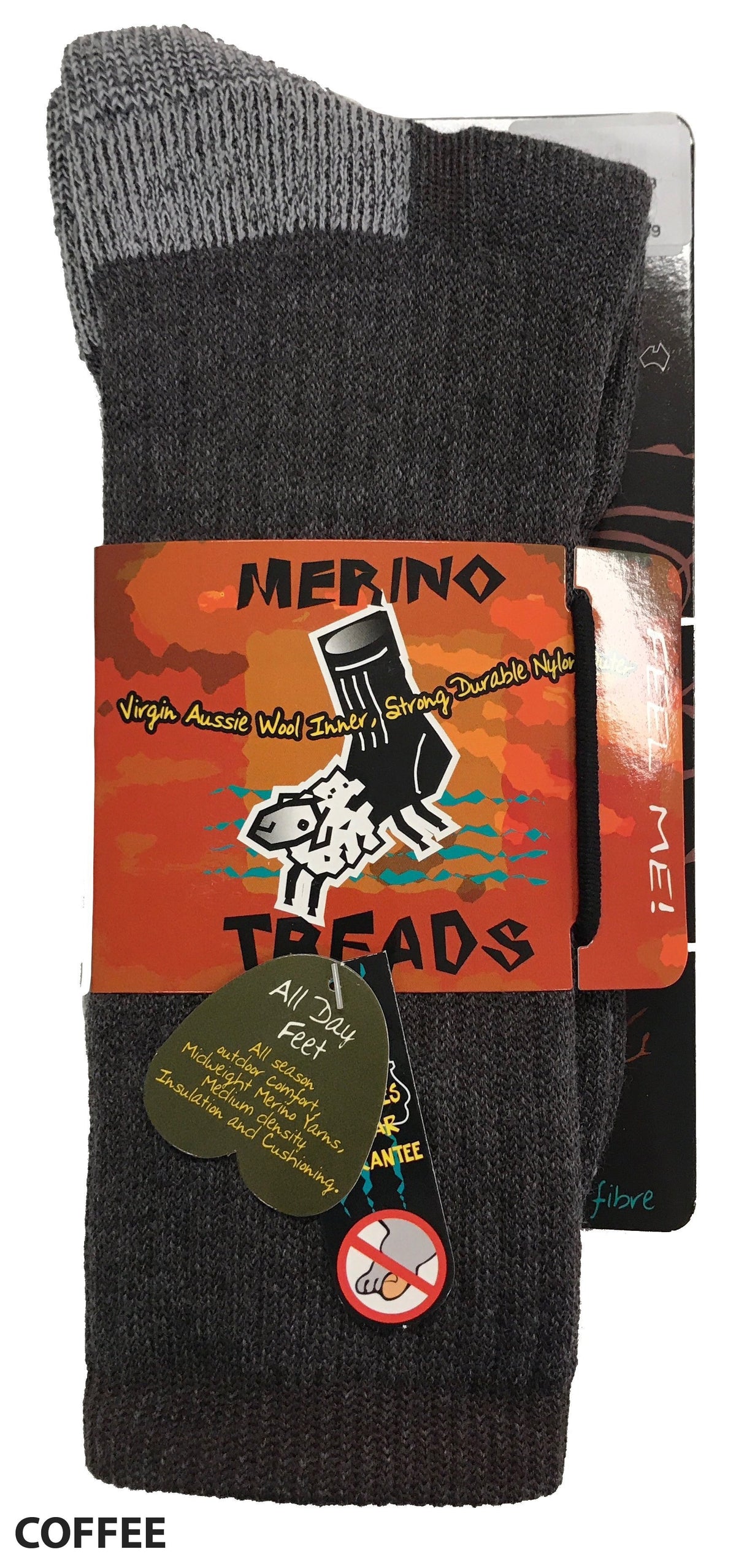 A pair of packaged dark gray Merino wool socks labeled "Merino Treads Allday Feet." The packaging highlights features such as "Virgin Aussie Wool Inner" and "Strong Durable Nylon." The image displays a logo of a cartoon sheep and notes the outdoor everyday sock's suitability for all-day use.