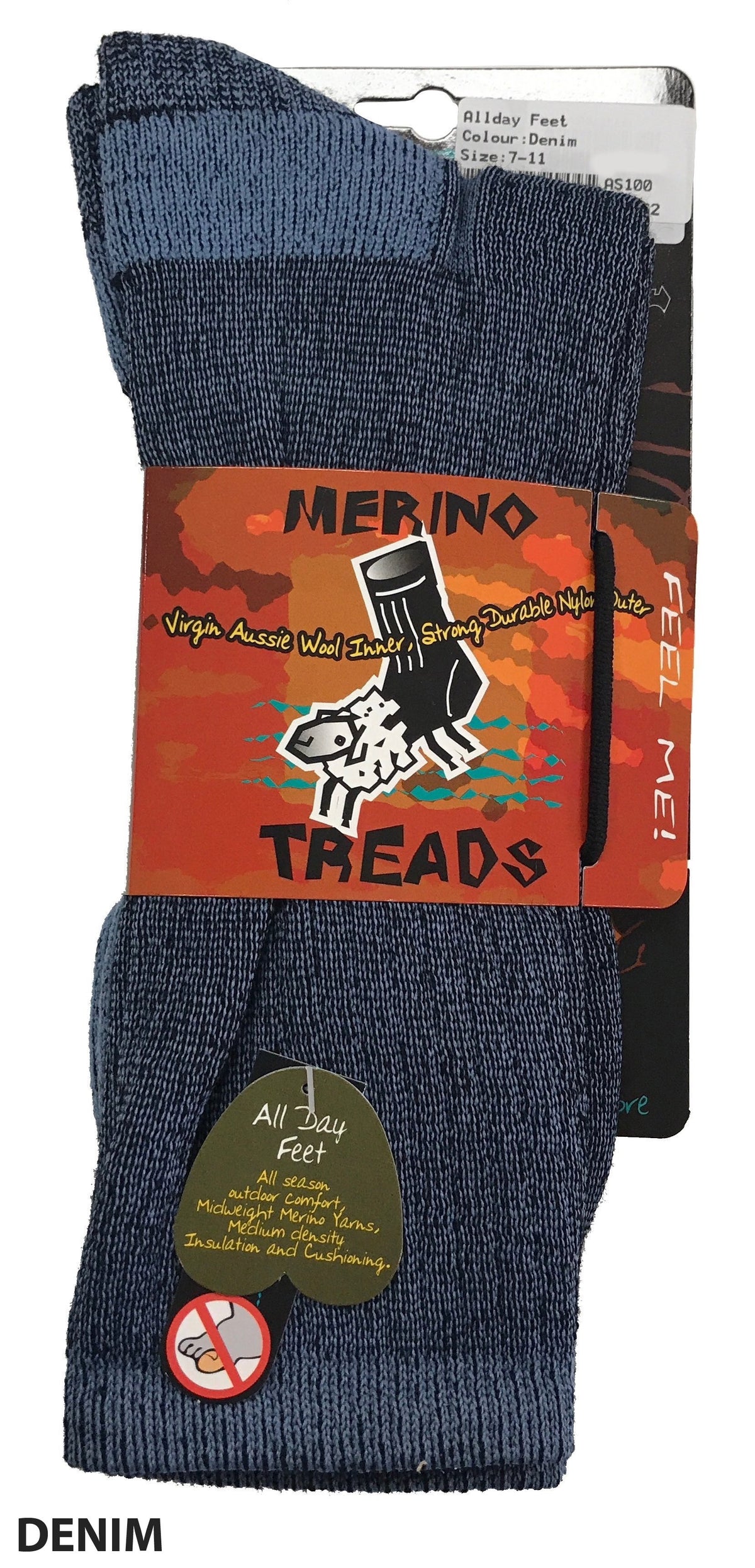 Merino Treads Allday Feet are blue Merino wool socks packaged for retail, featuring "Virgin Aussie Wool" and "Strong, Durable Fibres." Ideal for outdoor everyday use, these socks provide "All Day Feet" comfort with moisture control and cushioning. The color is "Denim.