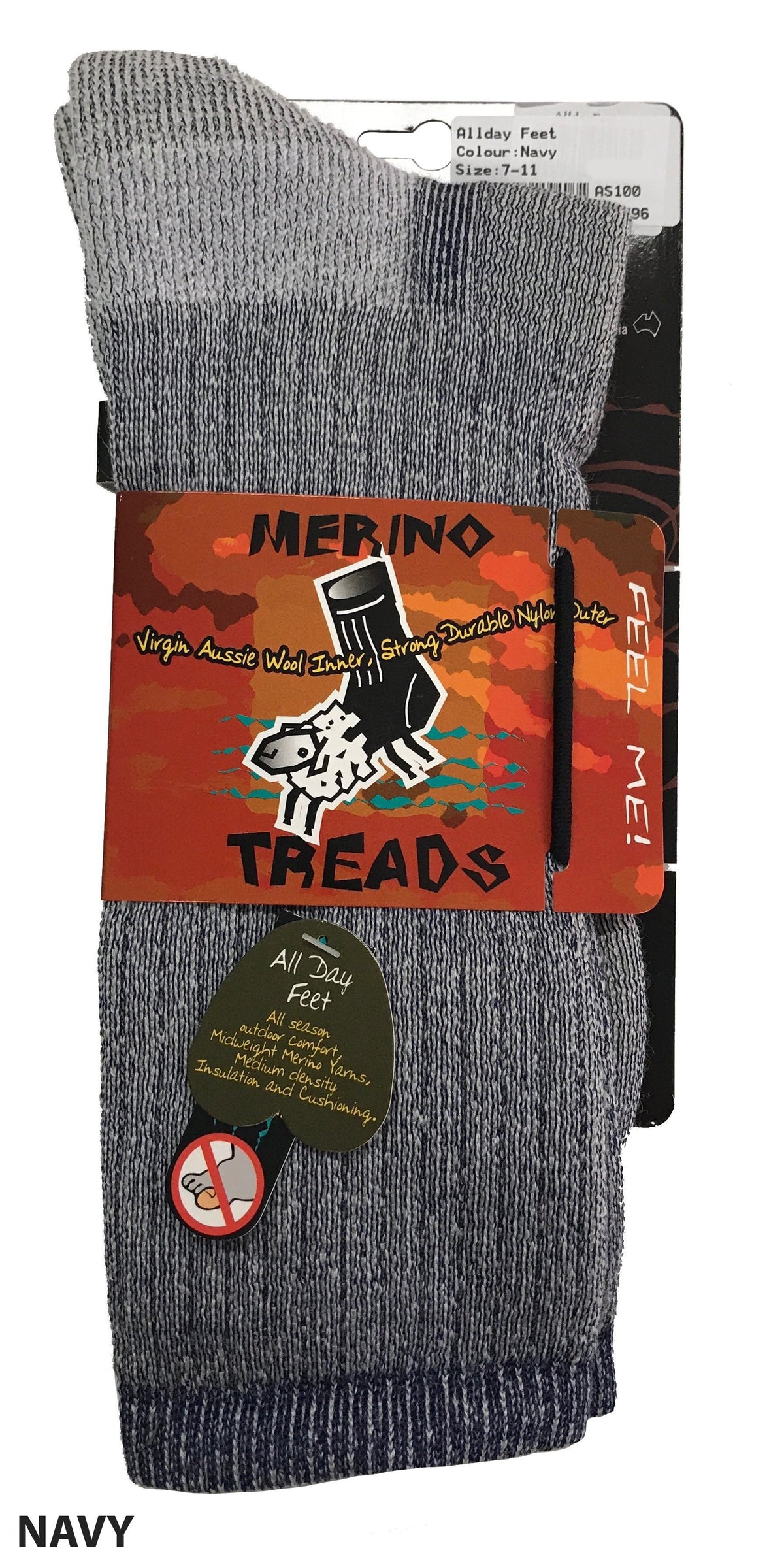 A pair of Navy Merino Treads Allday Feet socks, packaged with a red label featuring a cartoon sheep and text about Virgin Aussie Wool. The tagline "Feel Me!" is prominently displayed, while a small beige tag highlights the "All Day Feet" comfort and moisture-wicking feature. This makes it an ideal outdoor everyday sock.