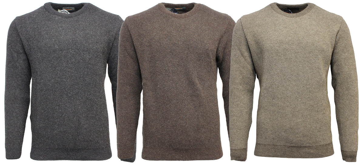 Three MKM Adventure Possum Wool Crew Neck Jumpers made in New Zealand are displayed side by side against a white background. Identical in design, they differ only in color: dark gray, brown, and beige. Crafted from a sustainable eco blend of recycled Possum/Wool, each jumper features long sleeves and a round neckline.