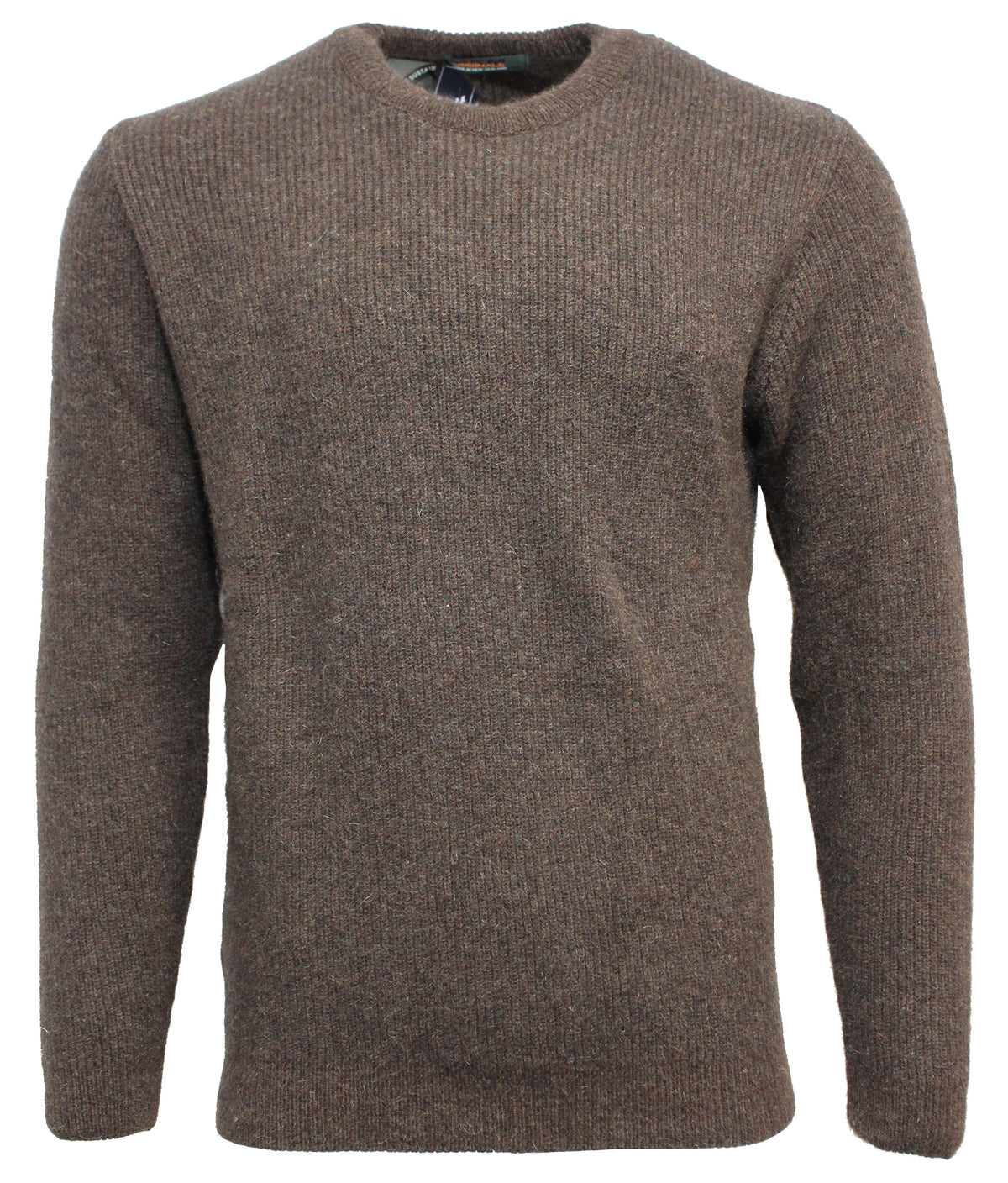The MKM Adventure Possum Wool Crew Neck Jumper is showcased against a white background, featuring a plain, long-sleeved design in brown knit fabric. Made in New Zealand from a sustainable eco blend, this sweater boasts a ribbed texture with simple, clean lines and no visible decorations or patterns.