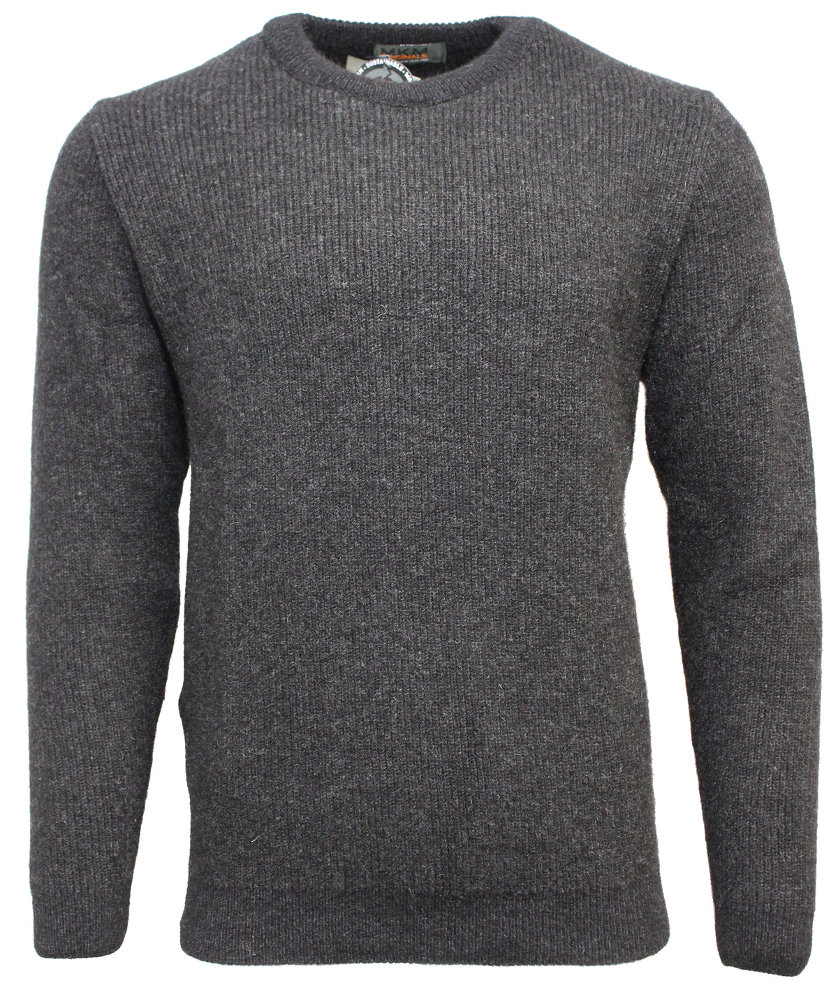 The MKM Adventure Possum Wool Crew Neck Jumper is a plain, gray, knit sweater with long sleeves and a crew neckline displayed on a mannequin. Made in New Zealand, the recycled Possum/Wool blend gives it a casual and cozy appearance with its ribbed texture.