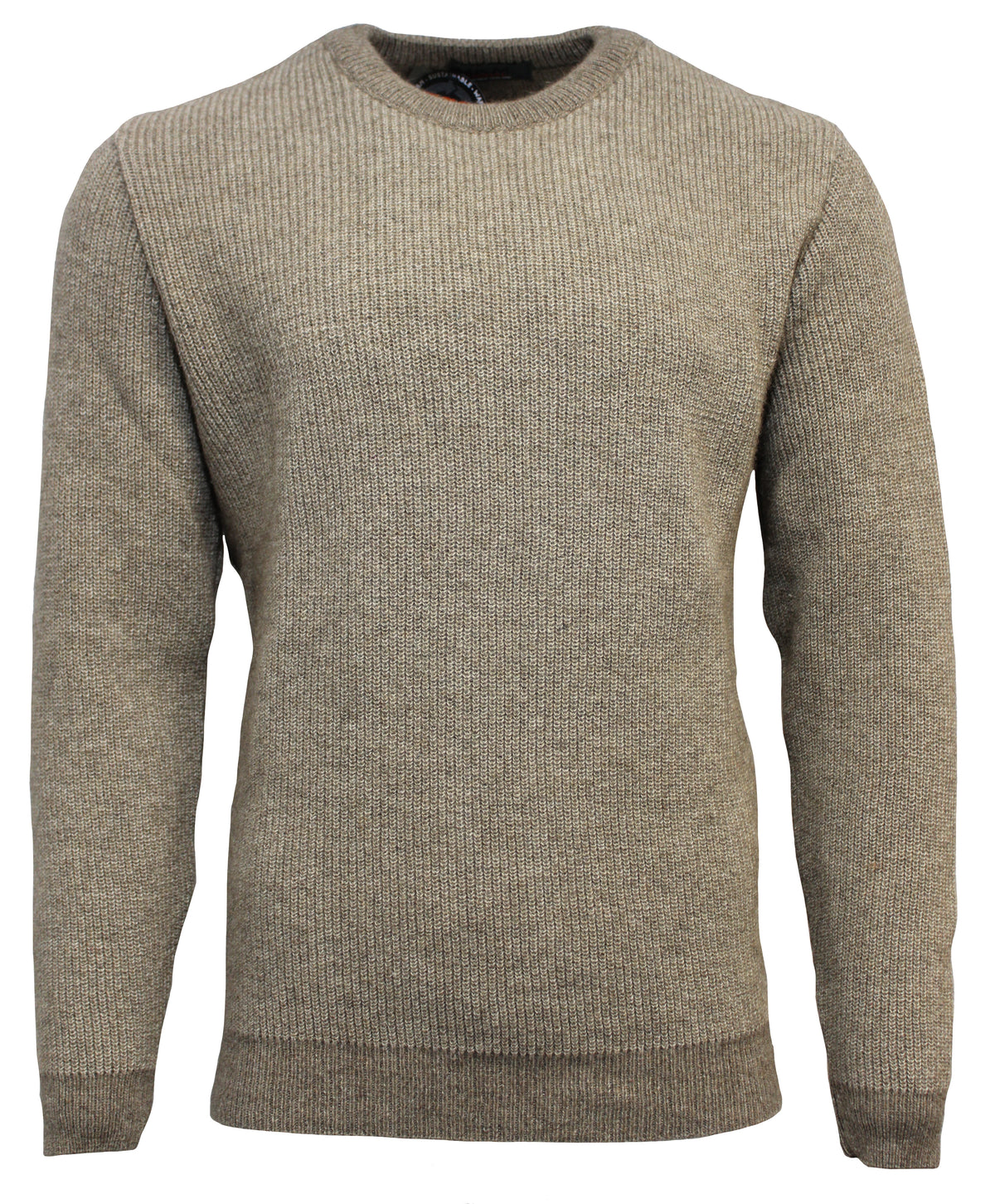 The MKM Adventure Possum Wool Crew Neck Jumper is a beige, long-sleeved, rib-knit sweater with a crew neck. This simple, classic design boasts a straight cut and no visible patterns or decorations. Crafted from a sustainable eco blend of recycled Possum/Wool, this sweater is proudly made in New Zealand.