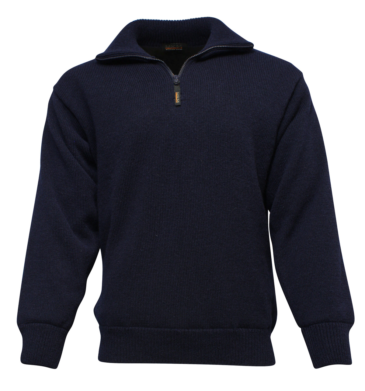 The MKM Windbreaker Knit is a navy blue jumper made in New Zealand from 100% wool, featuring a quarter-zip front and ribbed collar, cuffs, and hem for warmth and style.