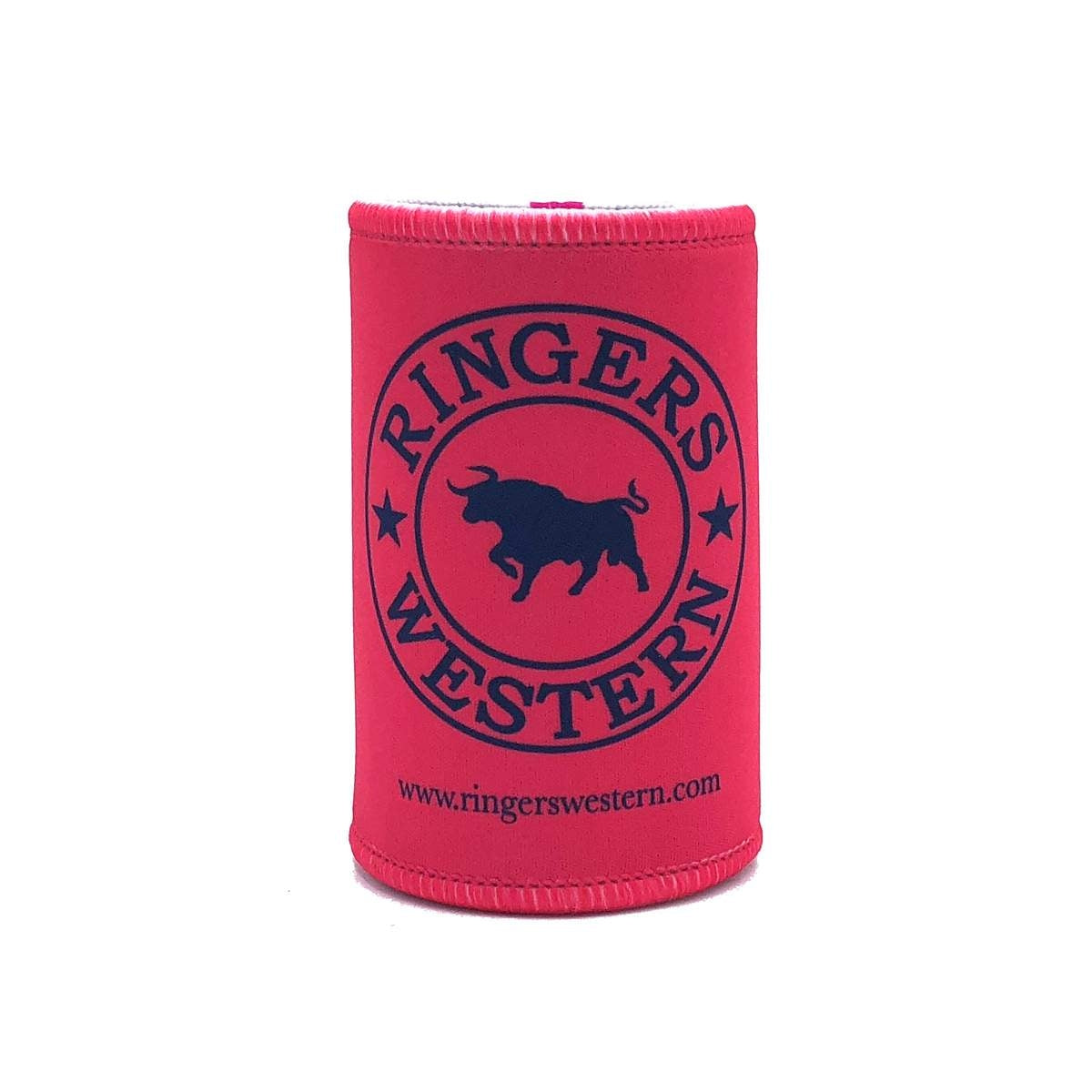 A Ringers Western Signature Bull Stubby Cooler in red, featuring blue text with a central bull graphic. The circular text around the bull logo reads "Ringers Western," and the website "www.ringerswestern.com" is printed at the bottom.