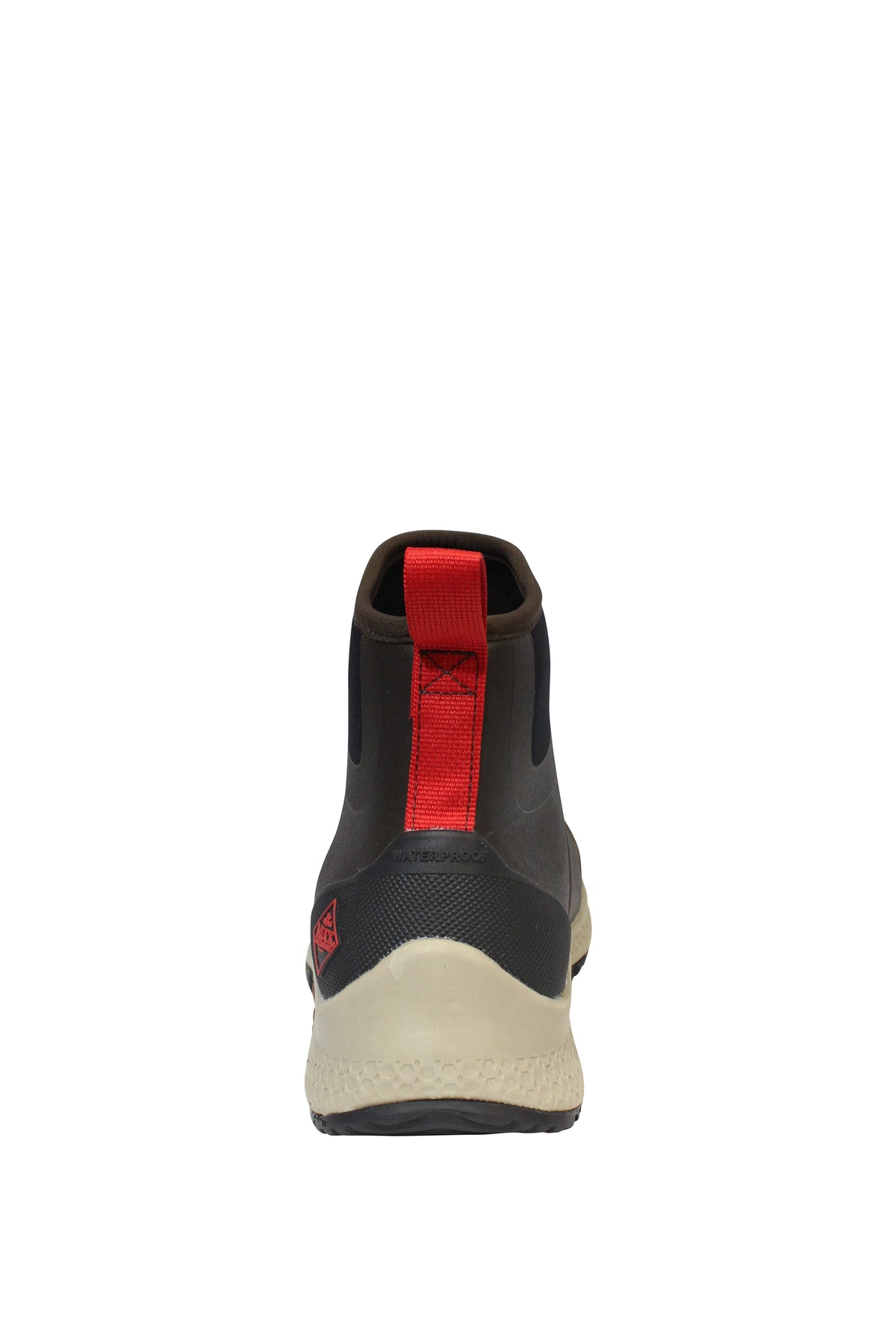 A rear view of the Muck Boot Outscape Chelsea Boot shows a beige sole, dark upper, and bright red heel pull tab. Its athletic design features a textured rubber outsole and an antimicrobial footbed for freshness.