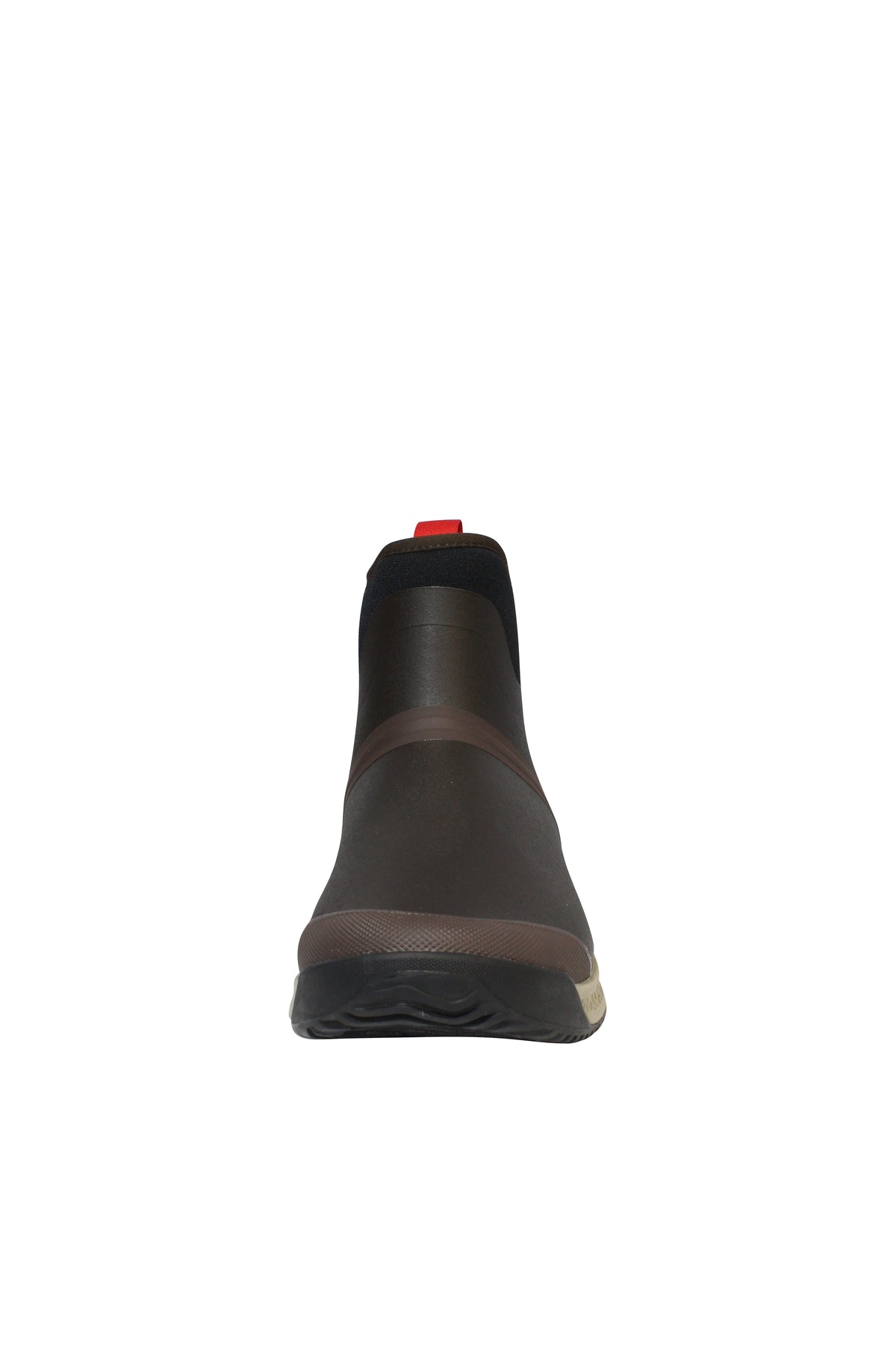 Front view of the Muck Boot Outscape Chelsea Boot in dark brown, featuring a black sole, black ankle collar, antimicrobial footbed, and a small red pull tab at the back, set against a white background.