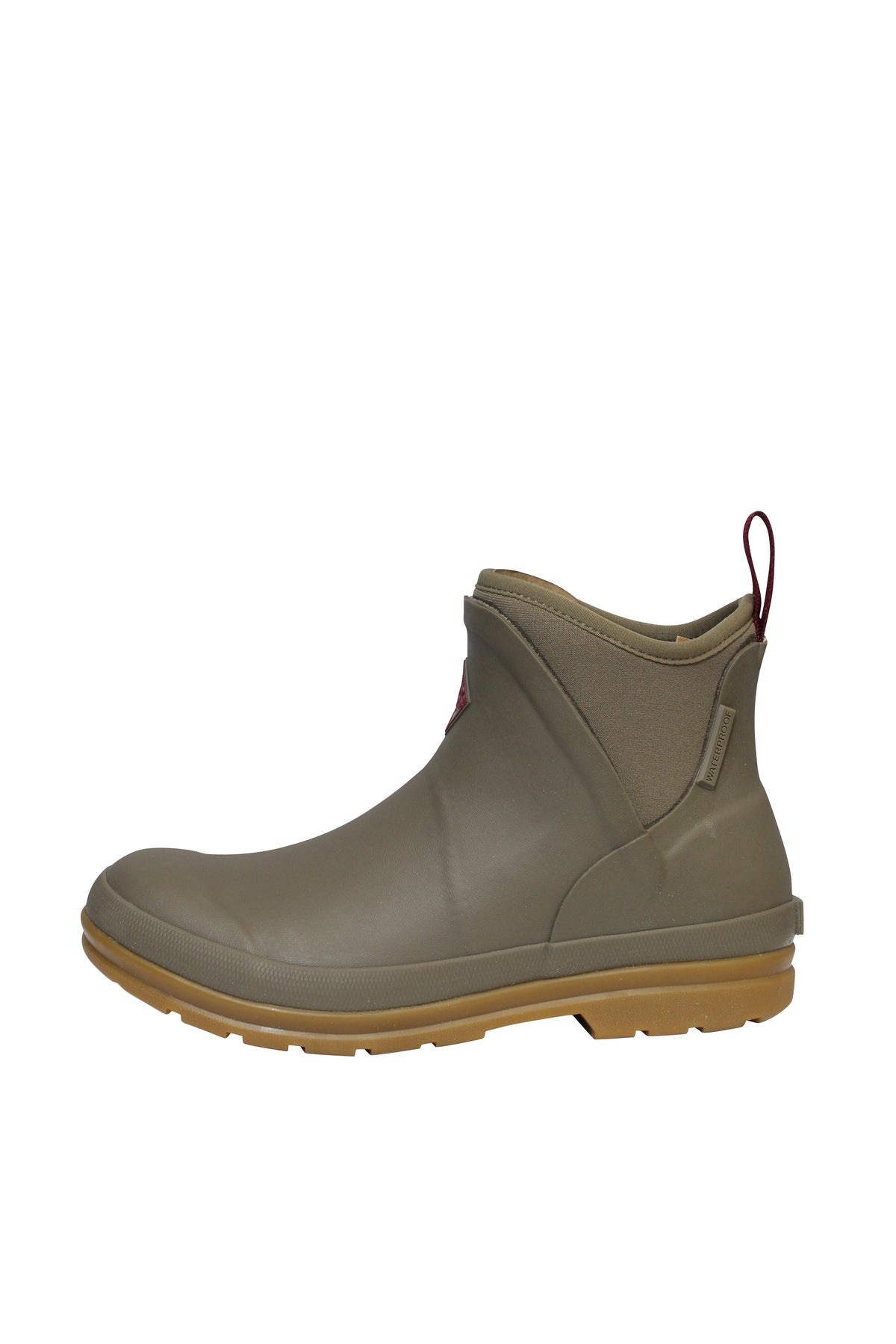 The Muck Boot Originals Women's Ankle Boot features an olive green rubber exterior, a brown sole, and a red pull tab. With a textured design and smooth finish, these boots have a waterproof build and antimicrobial footbed, showcased on a plain white backdrop.