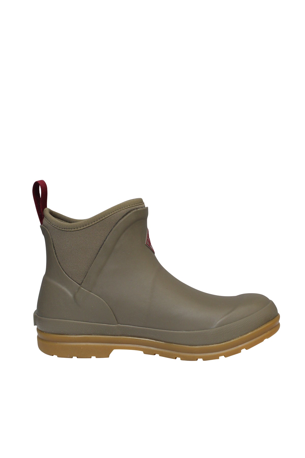The Muck Boot Originals Women's Ankle Boot is olive green, with a light brown sole and red pull tab, ideal for wet or muddy conditions. This ankle-high rubber boot comes with an antimicrobial footbed and is fully waterproof.