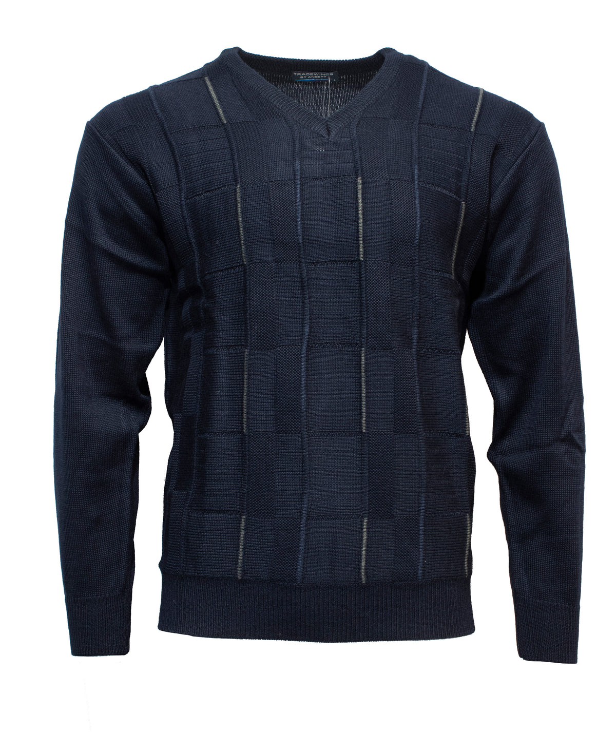 The Ansett Tradewinds Wool Blend Vee Knit is a navy V-neck sweater with textured square and rectangular patterns on the front, rib knit cuffs, and a ribbed waistband, crafted from a cozy acrylic-wool blend.