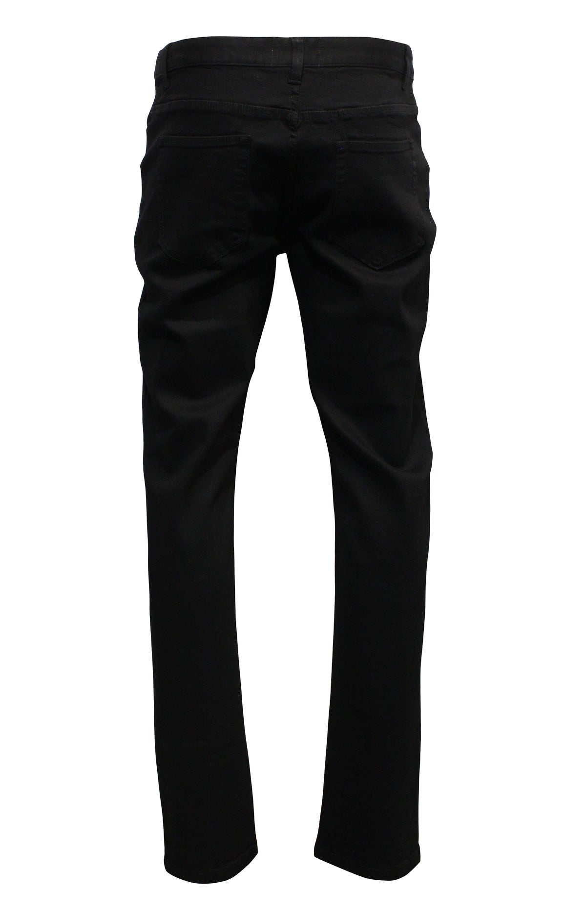 Rear view of Nobleman Slim Straight Jean in plain black on a white background, showcasing mid-rise design with two visible back pockets and a slim straight-leg fit for a refined, comfortable silhouette.