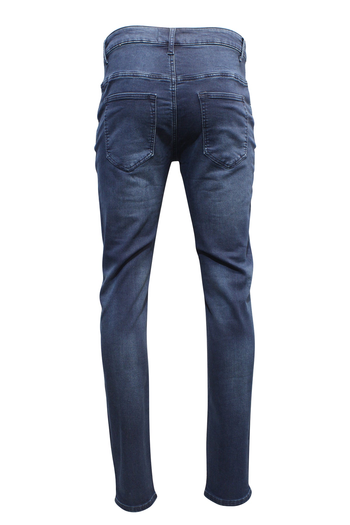 Rear view of Nobleman Slim Straight Jean on a white background. These stylish dark blue, mid-rise jeans showcase a slim fit, with two visible back pockets and slightly faded texture on the seat and thighs.
