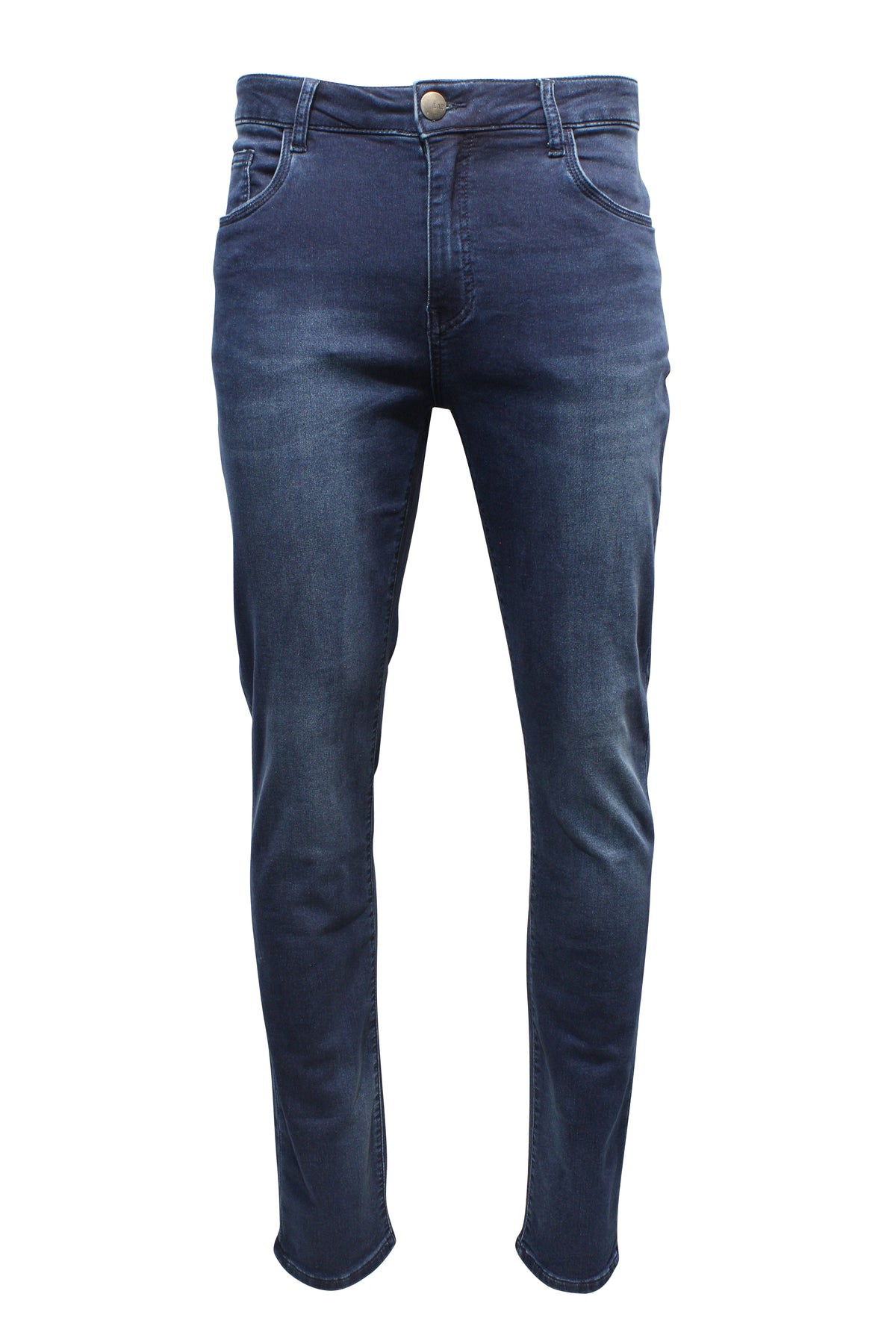 Front view of the Nobleman Slim Straight Jean in dark blue denim, featuring a button closure, five pockets, mid-rise, slim straight leg design, and slight thigh fading.