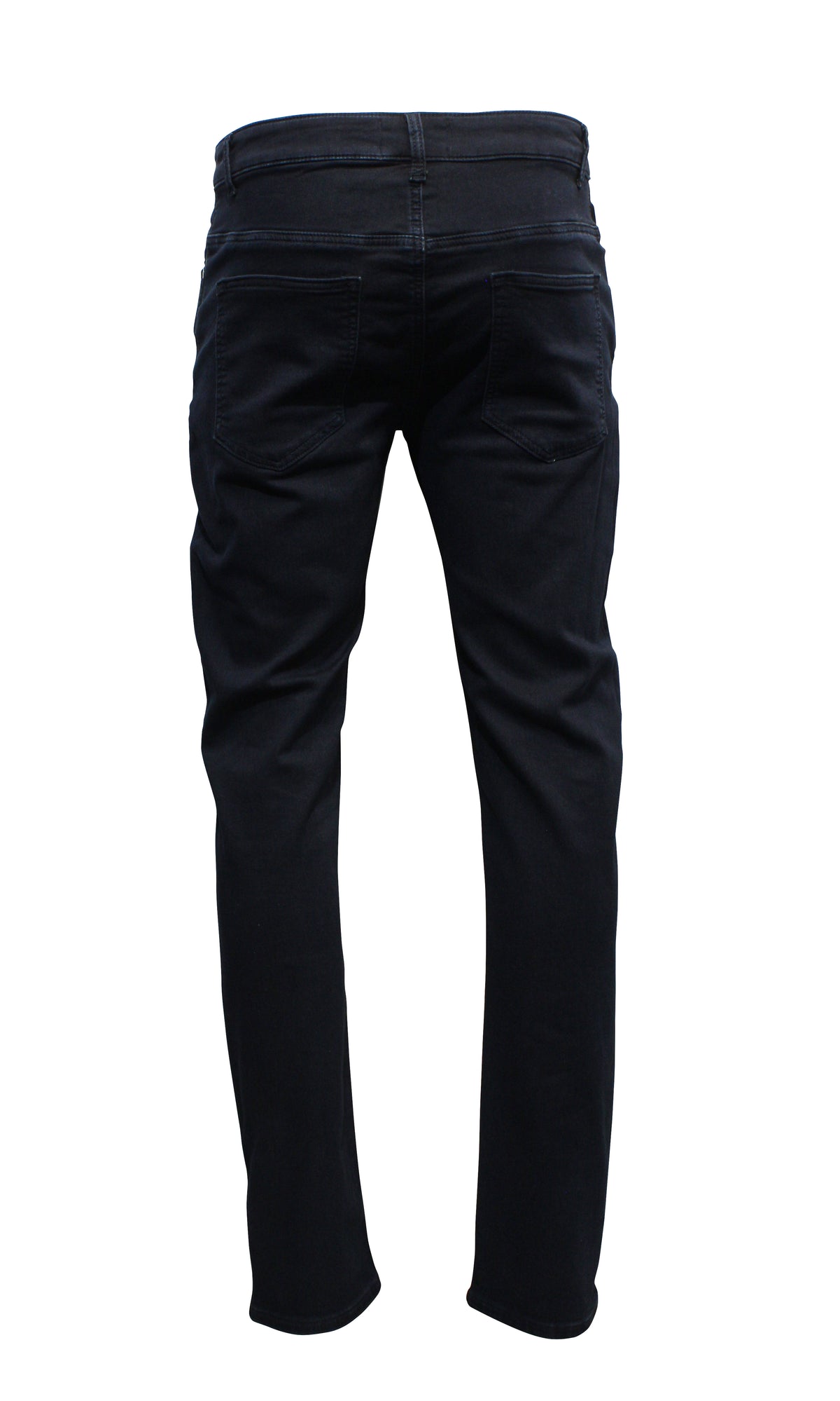 Back view of Nobleman Slim Straight Jean in black denim, featuring detailed stitching and two back pockets, elegantly displayed without a wearer.