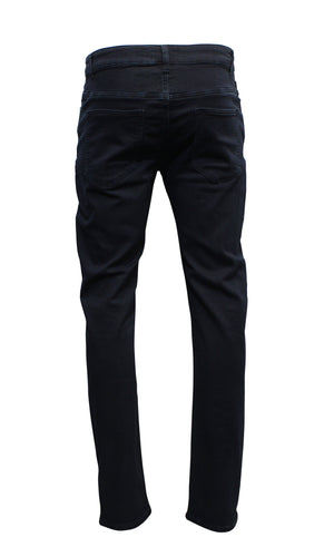 Back view of Nobleman Slim Straight Jean in black denim, featuring detailed stitching and two back pockets, elegantly displayed without a wearer.