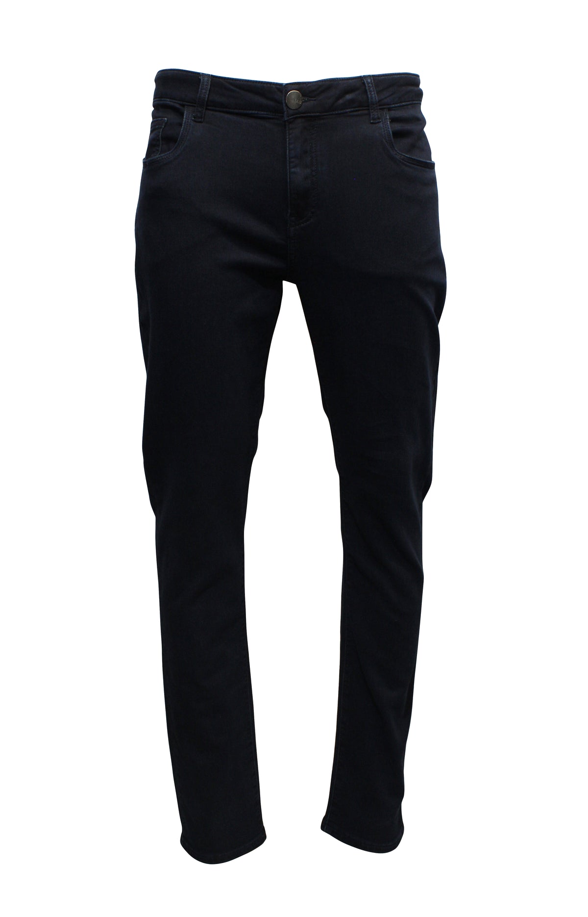 The Nobleman Slim Straight Jean, in black denim, is showcased upright with a button and zipper closure, front and back pockets, made from high-quality fabric.