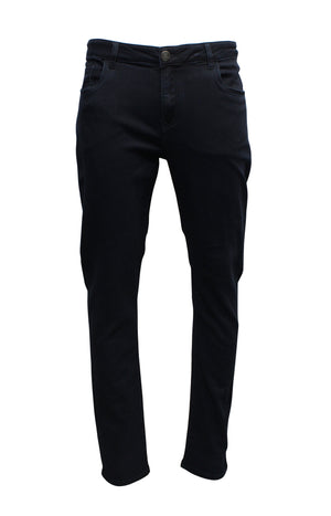 The Nobleman Slim Straight Jean, in black denim, is showcased upright with a button and zipper closure, front and back pockets, made from high-quality fabric.