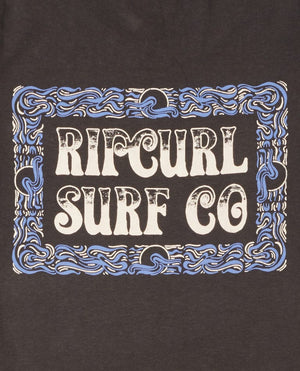 A graphic featuring the text "Rip Curl Surf Co" in a large, cream-colored, vintage-style font. The text is centered within an intricate blue, white, and black wave and knot border design on a dark background, making it perfect for the stylish and comfortable Rip Curl Coil Tee made from 100% cotton.