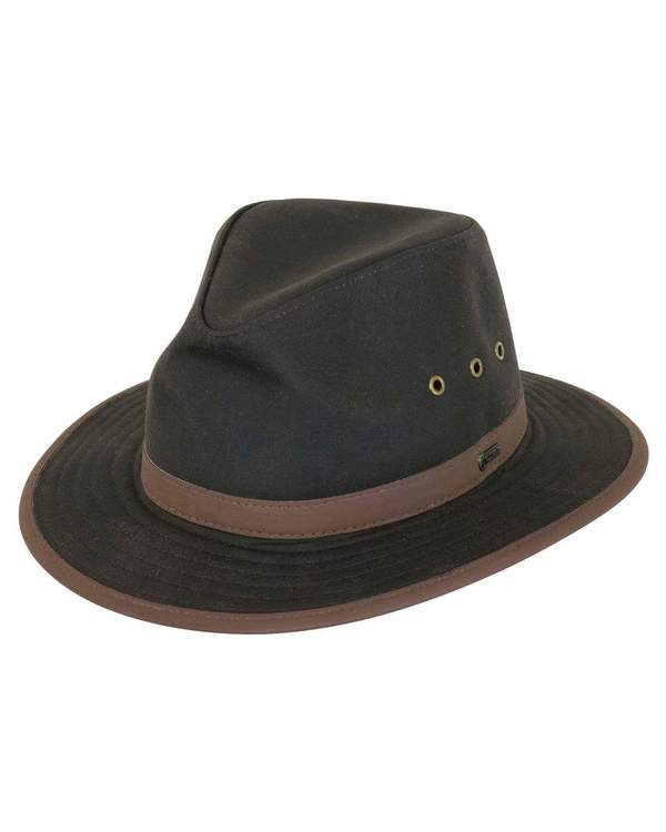The Outback Madison River Oilskin Hat is a dark brown fedora-style hat with a wide brim, featuring a lighter brown band and three ventilation eyelets per side. Offering UPF protection, it has a classic shape ideal for outdoor or casual wear.