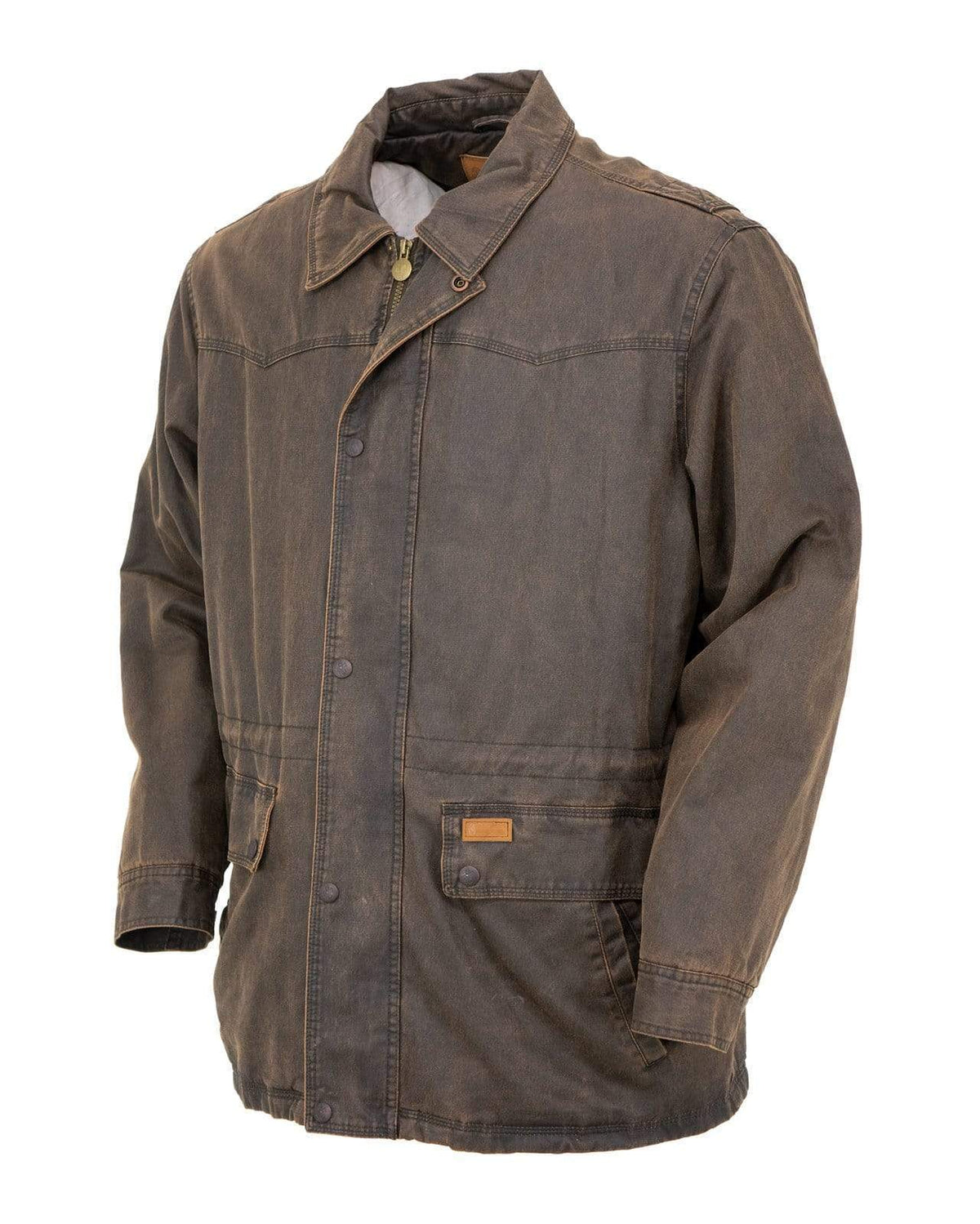 Introducing the Outback Ranchers Jacket: a durable, brown, heavy-duty long-sleeve jacket equipped with both a front zipper and button closures. This rugged jacket boasts multiple front pockets and reinforced stitching along the seams. The material is robust and includes a polar fleece lining, ensuring comfort for outdoor activities.
