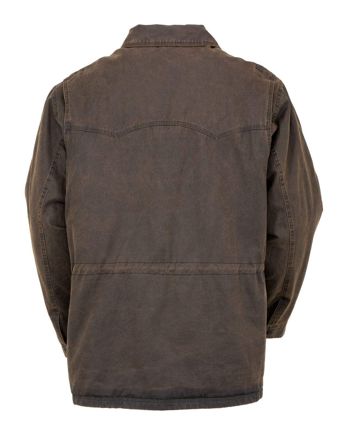 The Outback Ranchers Jacket, showcased from the back, boasts a rich brown denim fabric with a straight-cut yoke, long sleeves, and visible stitching along the seams and yoke—truly a durable jacket perfect for any adventure.