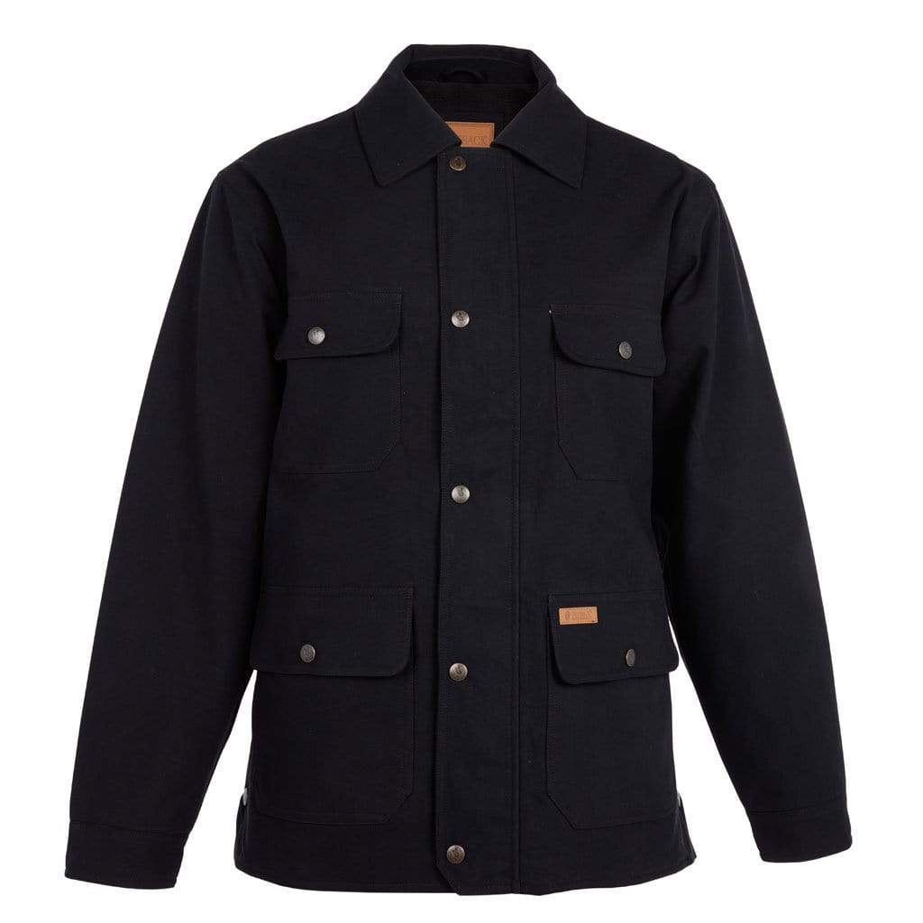 The Outback Thomas Canvas Jacket is displayed against a white background. Crafted from heavy-duty cotton canvas, this black jacket features a button-up front, two buttoned chest pockets, and two lower flap pockets. It has a relaxed fit and a collared neckline. The fabric of this hard-wearing jacket appears thick and durable.