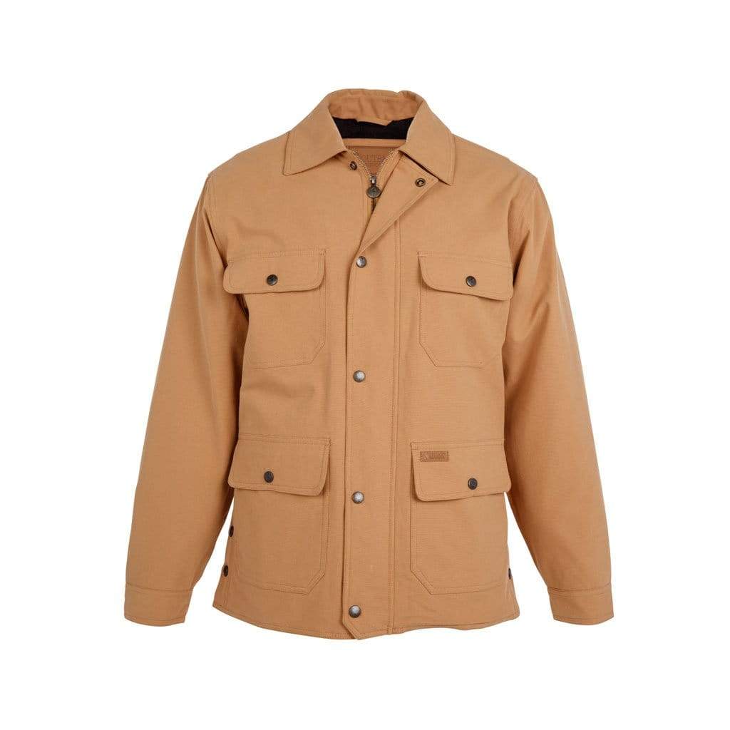 The Outback Thomas Canvas Jacket is a hard-wearing garment made from Heavy Duty Cotton Canvas. This tan utility jacket features a button-down front, two chest pockets, and two lower pockets with button flaps. Designed for practical use and outdoor activities, it boasts a classic collar and long sleeves.
