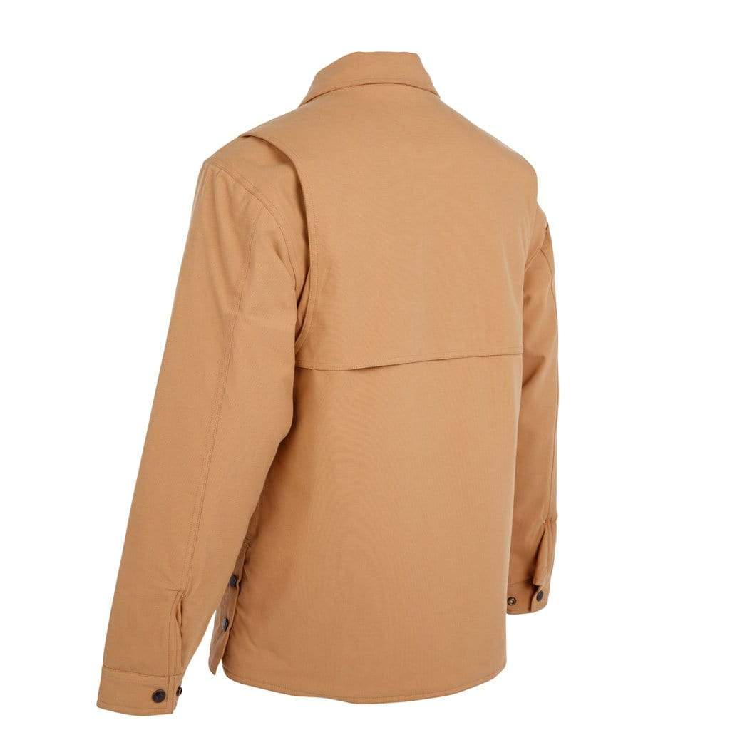 The Outback Thomas Canvas Jacket is shown from the back, highlighting its detailed stitching and design. Crafted from heavy-duty cotton canvas, this tan utility jacket features a flap across the upper back, long sleeves with buttoned cuffs, and convenient side pockets. This durable, water-resistant piece is ideal for enduring all weather conditions.