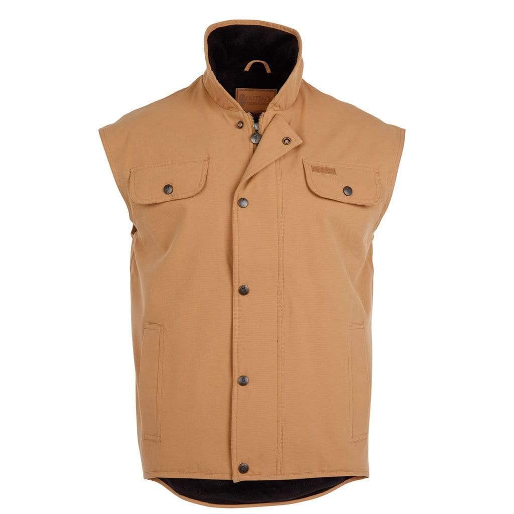 The Outback Thomas Canvas Vest is a tan, sleeveless jacket crafted from heavy-duty cotton canvas. It features a high collar, button-front closure, two chest pockets with buttoned flaps, and two side pockets. The interior is lined with black fabric for added comfort.