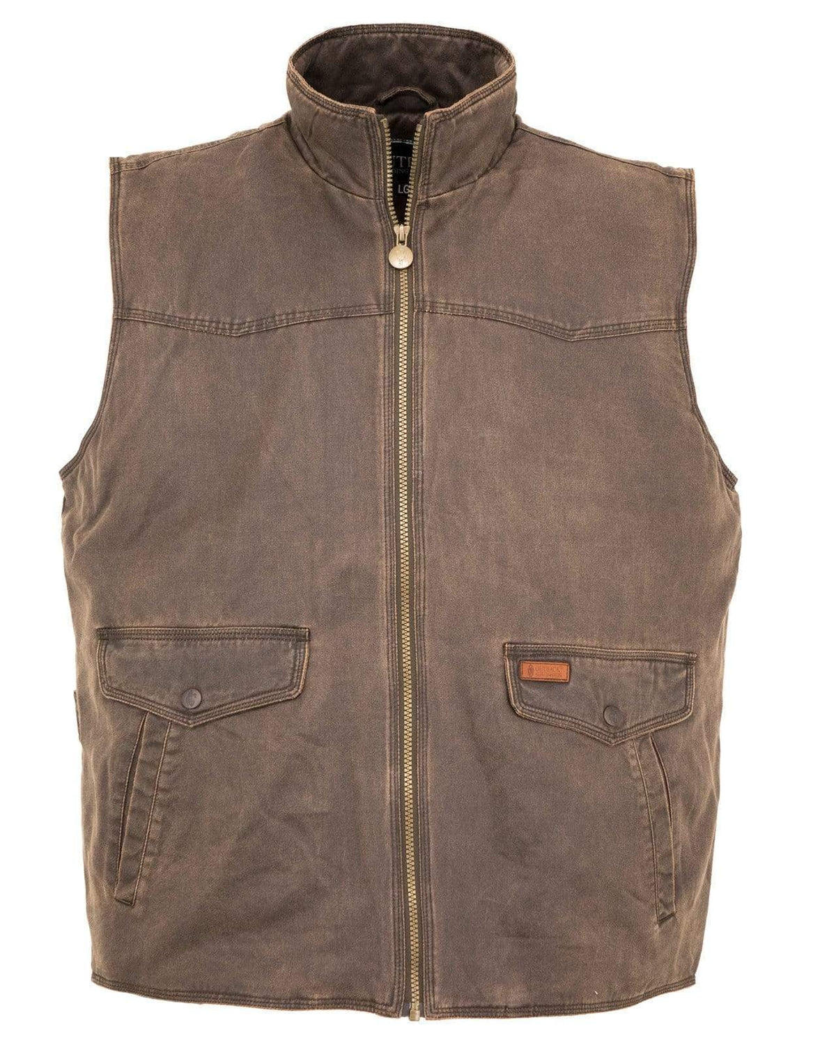 The Outback Landsman Vest is a rugged, brown sleeveless work vest with a front zipper. It boasts two large flap pockets and additional side pockets on the front for ample storage. Made from durable material that has a slightly distressed, worn-in look, this comfortable vest is also machine washable for easy care.