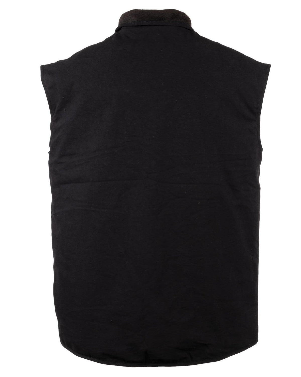 The Outback Thomas Canvas Vest is displayed from the back, showcasing its black, sleeveless design. Crafted from heavy-duty cotton canvas, it features a high collar and exudes durability. The vest's simple and utilitarian aesthetic is free from visible patterns or embellishments. Additionally, this water-resistant vest is wrinkle-free and perfectly presented.
