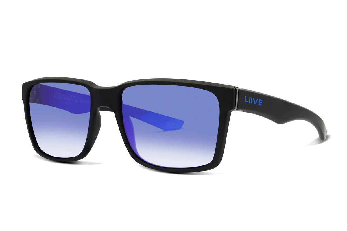 A pair of Liive X Outlaw X Mirror Polar Sunglasses with rectangular, black frames and gradient blue, impact-resistant polycarbonate lenses. The left temple arm is inscribed with the brand name "Liive" in blue letters. The UV-protected lenses reflect light, giving a glossy appearance. The design is modern and stylish.