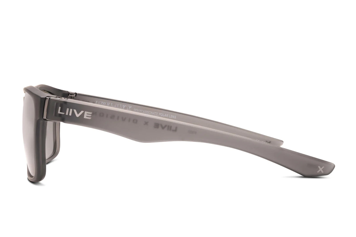 Side view of Liive X Outlaw X Polar Sunglasses with gray rectangular frames, "LIVE" and "LIMITILITY" on the temples, featuring a sleek design with slightly curved arms and lightweight construction.