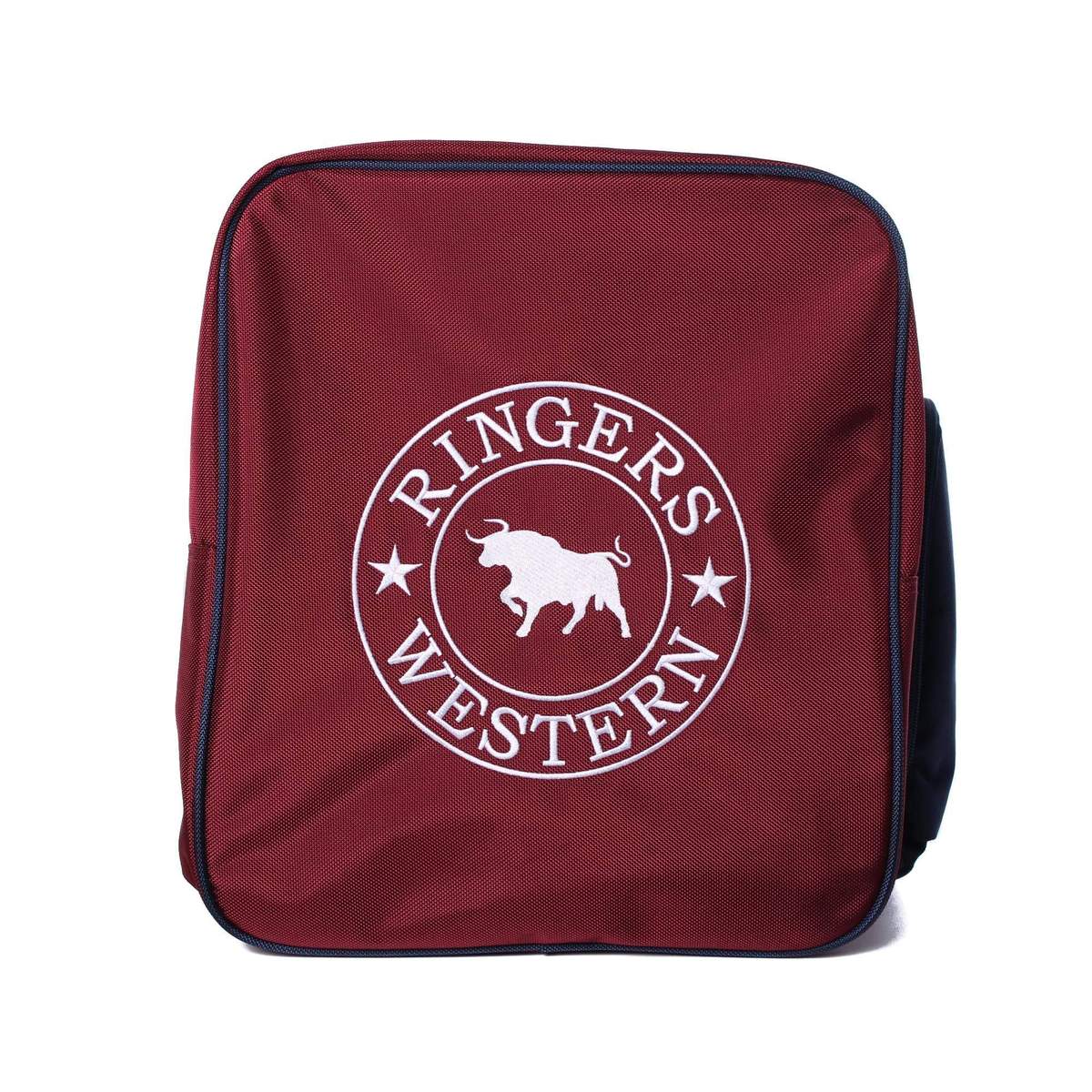 Presenting the Ringers Western Coolabah Sports Bag, a striking red accessory adorned with the iconic "Ringers Western" logo in white. The logo features a bull at the center, encircled by text and stars. This sports bag offers multiple large zippered compartments to keep all your essentials neatly organized.