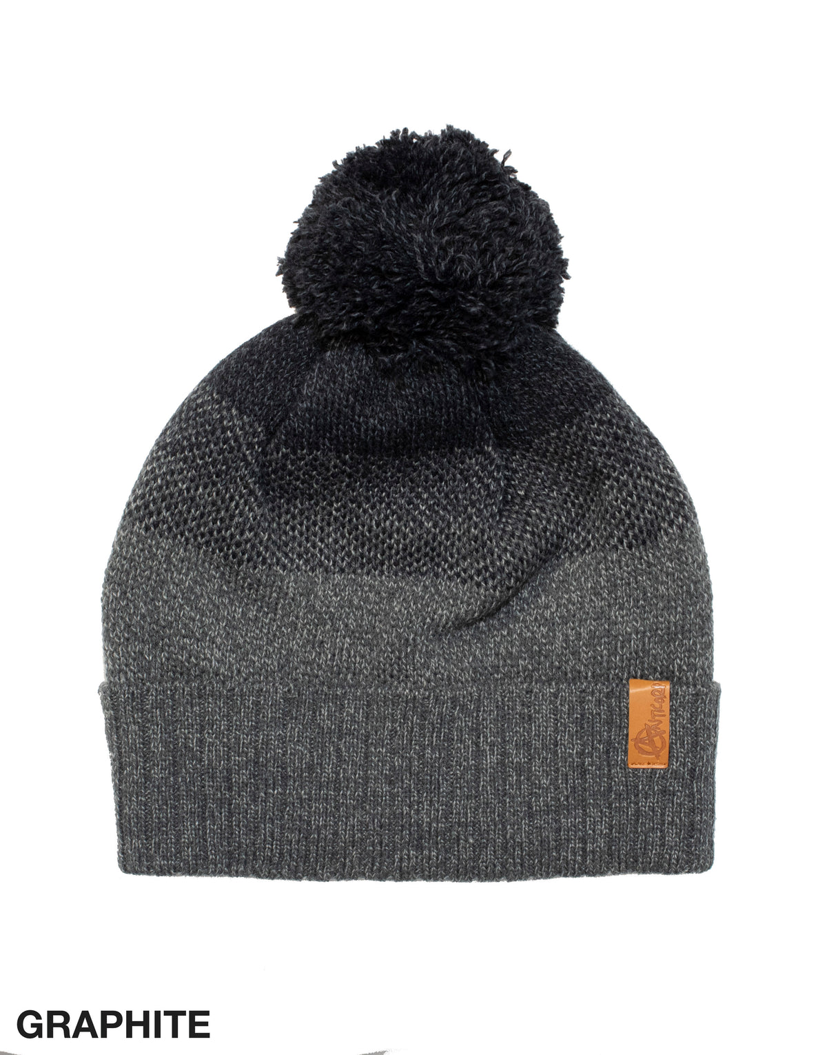 The Anticorp Panel Beanie is a knit, graphite-colored hat featuring a fluffy pom-pom on top. It includes a ribbed section at the base and has a small leather tag embossed with the Anticorp design on the right side. Ideal for cold weather, it has the word "GRAPHITE" written at the bottom left.