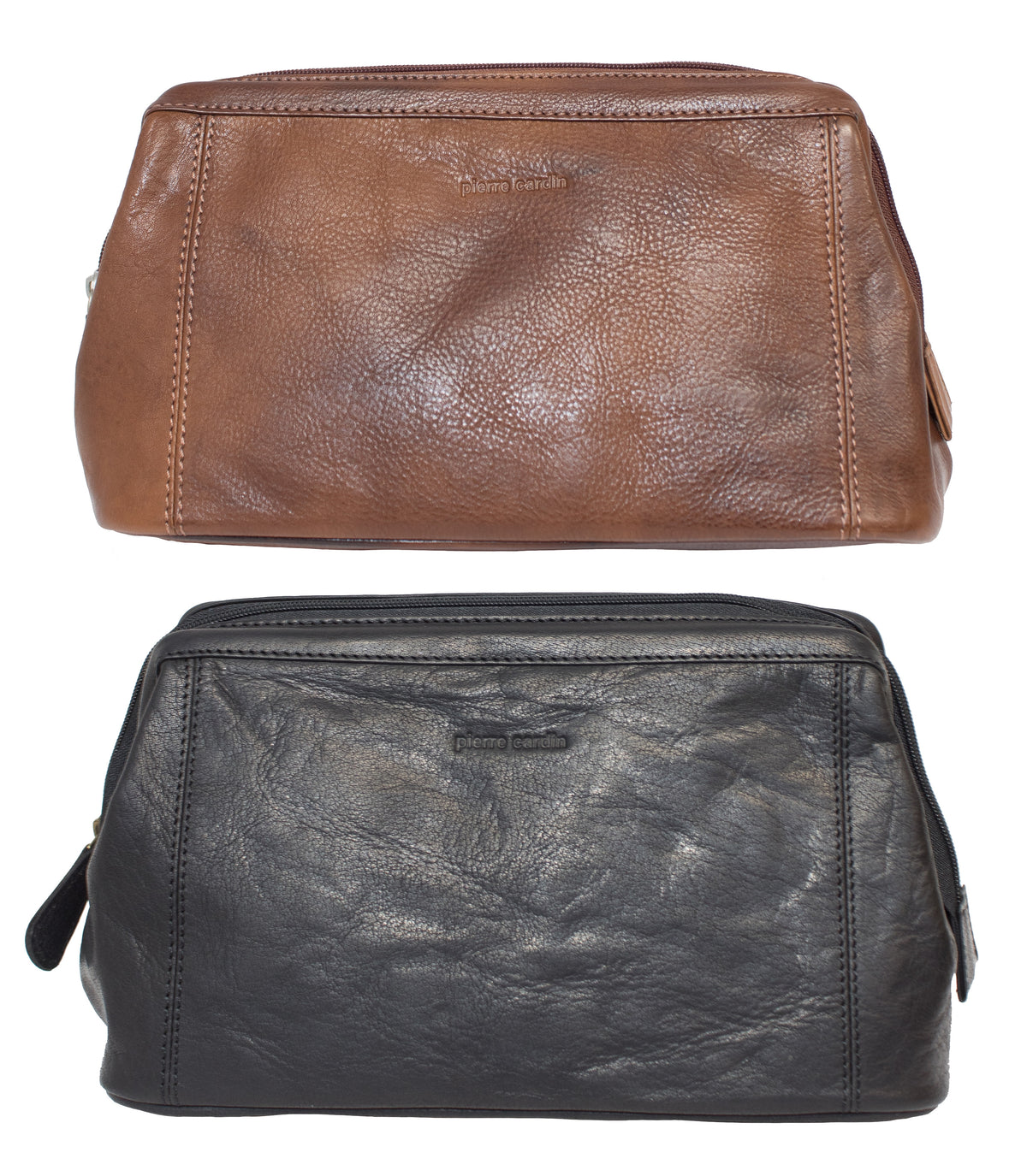 Two zippered Pierre Cardin Leather Toiletry Bags are displayed. The top bag is brown, while the bottom one is black. Both bags have a soft, slightly wrinkled texture and feature a small stitched logo on the front, highlighting their genuine leather quality.
