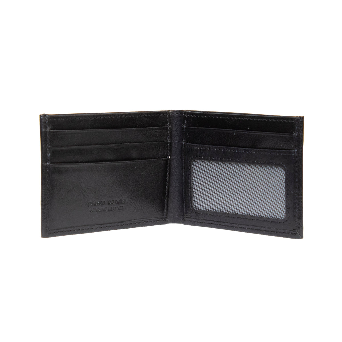 The Pierre Cardin Wallet, crafted from Genuine Italian Leather in a sleek black finish, opens to reveal multiple card slots on the left side and a transparent ID slot on the right. "Genuine leather" is elegantly embossed near the bottom left corner. This slim wallet offers RFID protection and is displayed empty against a white background.