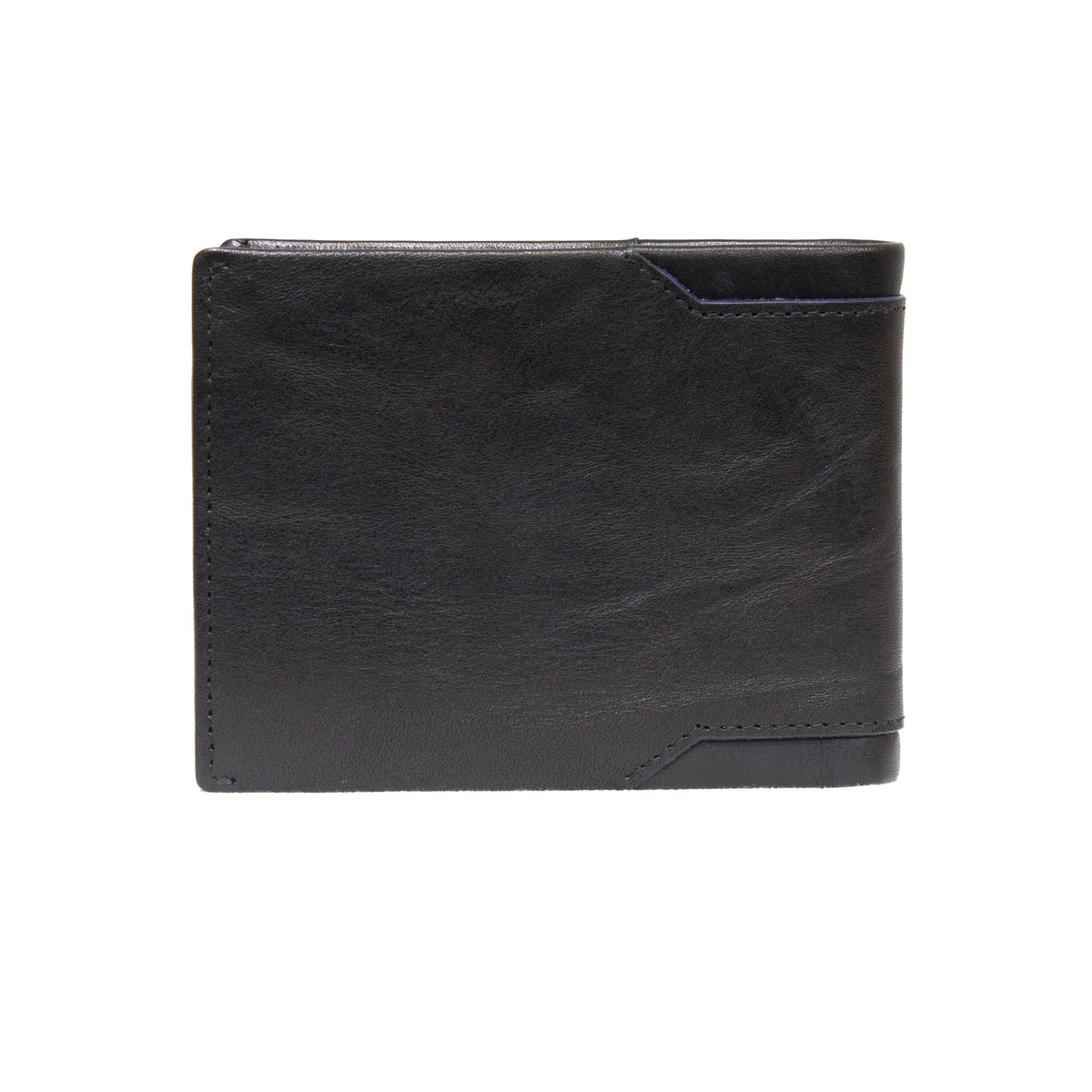 The Pierre Cardin Wallet is a closed, black leather accessory with a smooth texture. Made from genuine leather, it boasts a minimalist design highlighted by subtle stitching along the edges and a small, angled accent on the lower right corner. The top spine shows slight creasing from use and includes RFID protection for enhanced security.