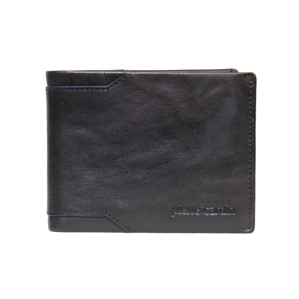 A close-up of the Pierre Cardin Wallet, crafted from black genuine leather with a smooth finish. The wallet boasts minimal stitching and has "Pierre Cardin" subtly embossed in small letters in the lower right corner. This elegant design also offers RFID protection for enhanced security.